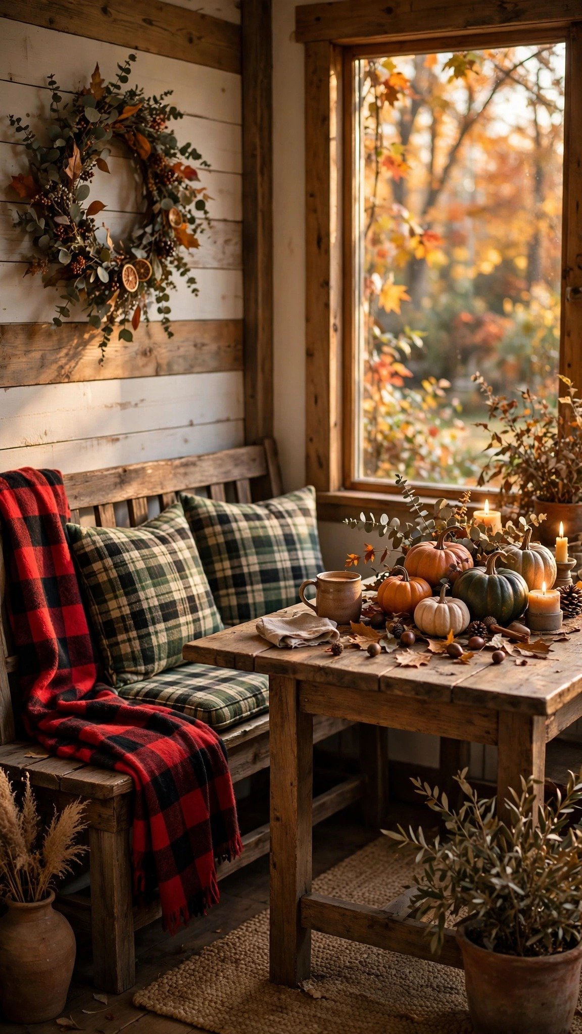 Cozy rustic dining nook with plaid and buffalo check textiles