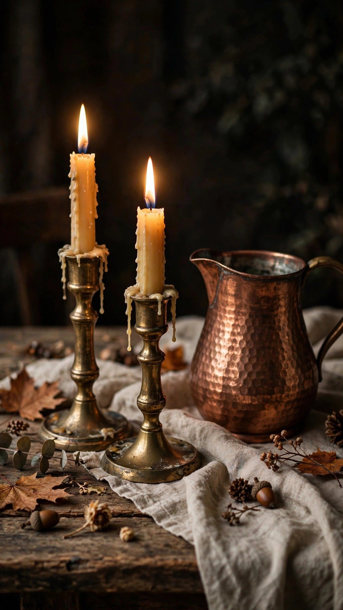 Brass candlesticks and copper mugs on a rustic fall dining table