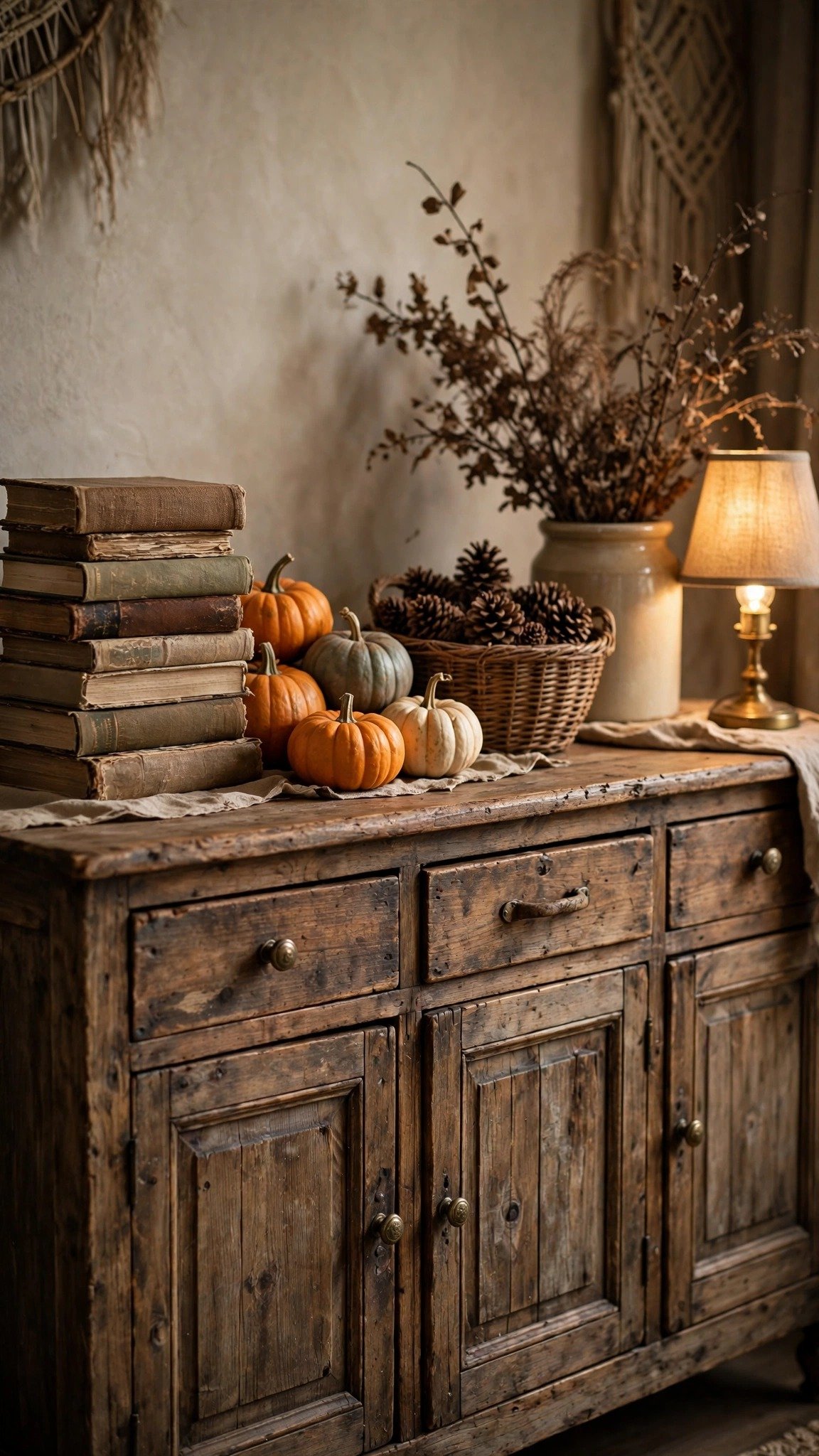 Rustic sideboard styled with fall decor, pumpkins and woven baskets