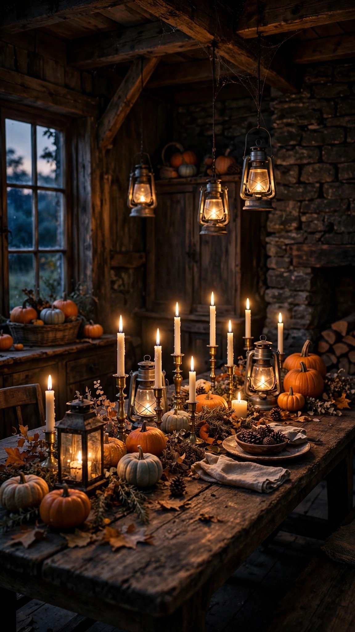 Candlelit rustic dining room at dusk with lanterns glowing