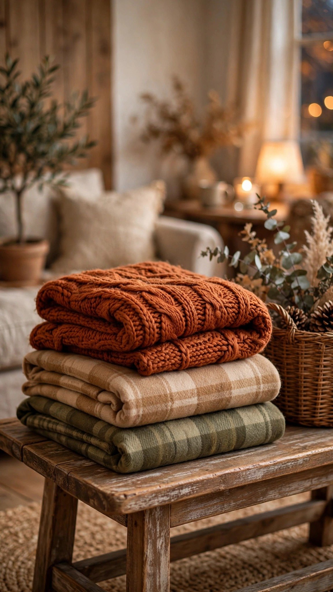 Cozy fall textiles replacing light summer linens