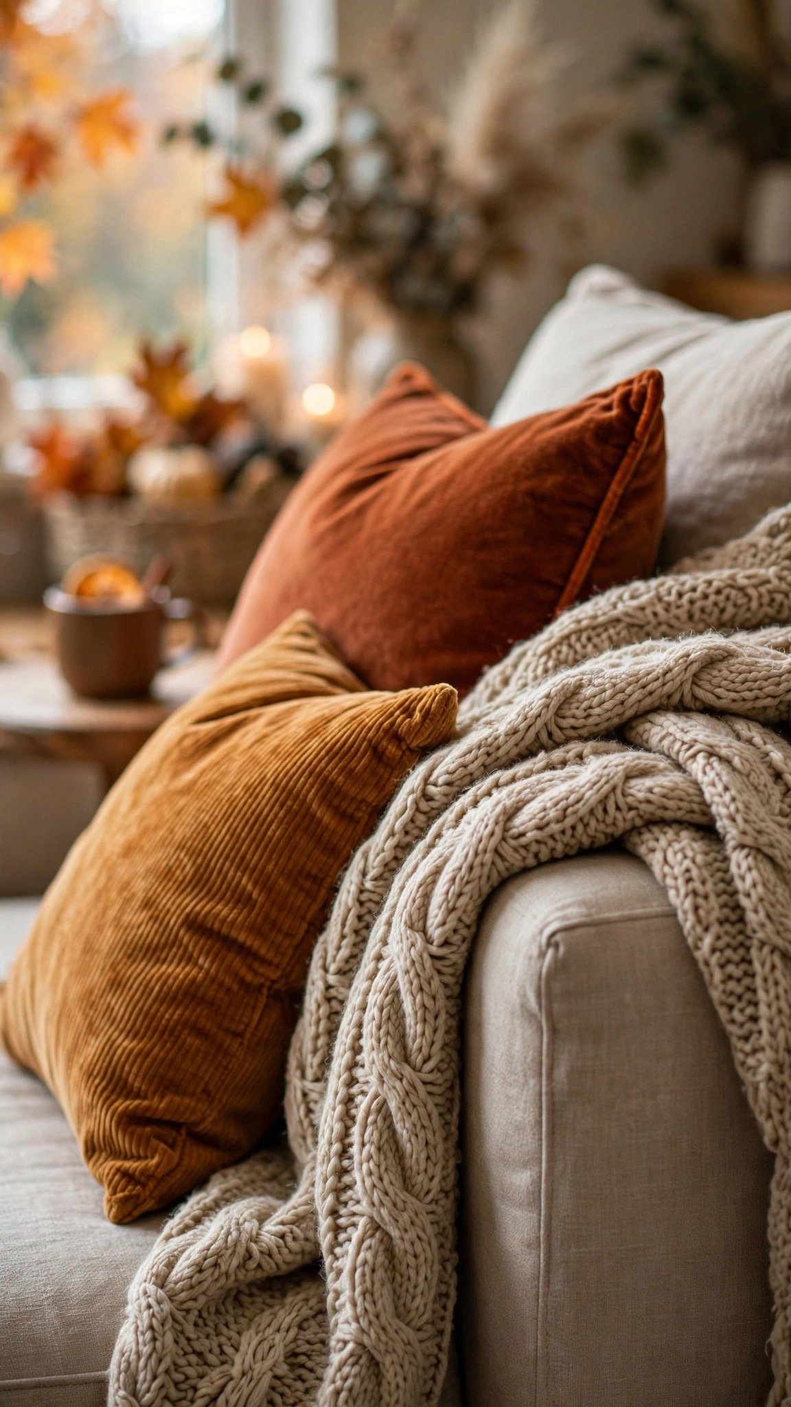 Sofa layered with warm fall throws and pillows