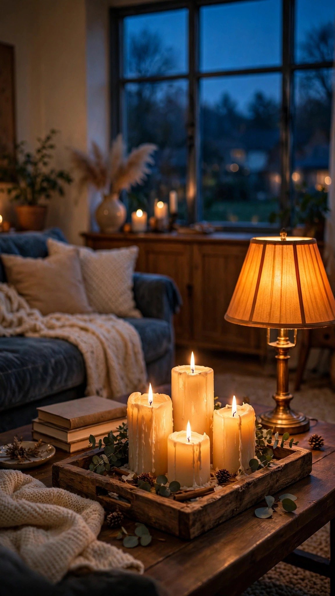 Warm candlelight and lamps creating cozy fall ambiance