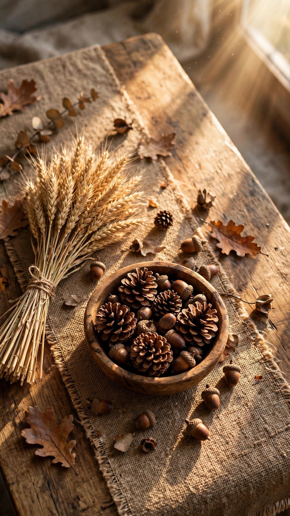 Natural autumn textures like wood pinecones and wheat in home decor