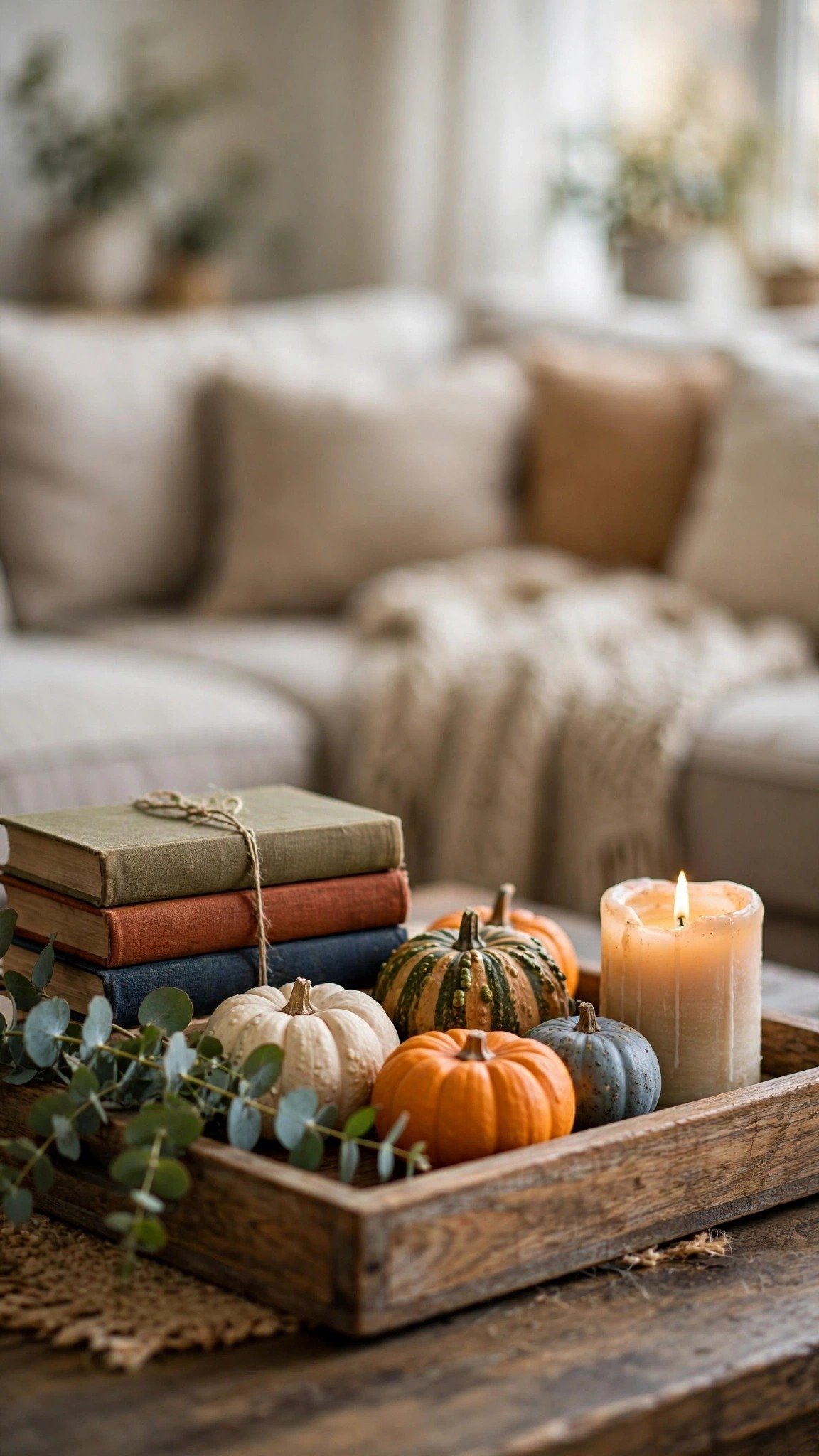 Seasonal coffee table vignette with fall decor
