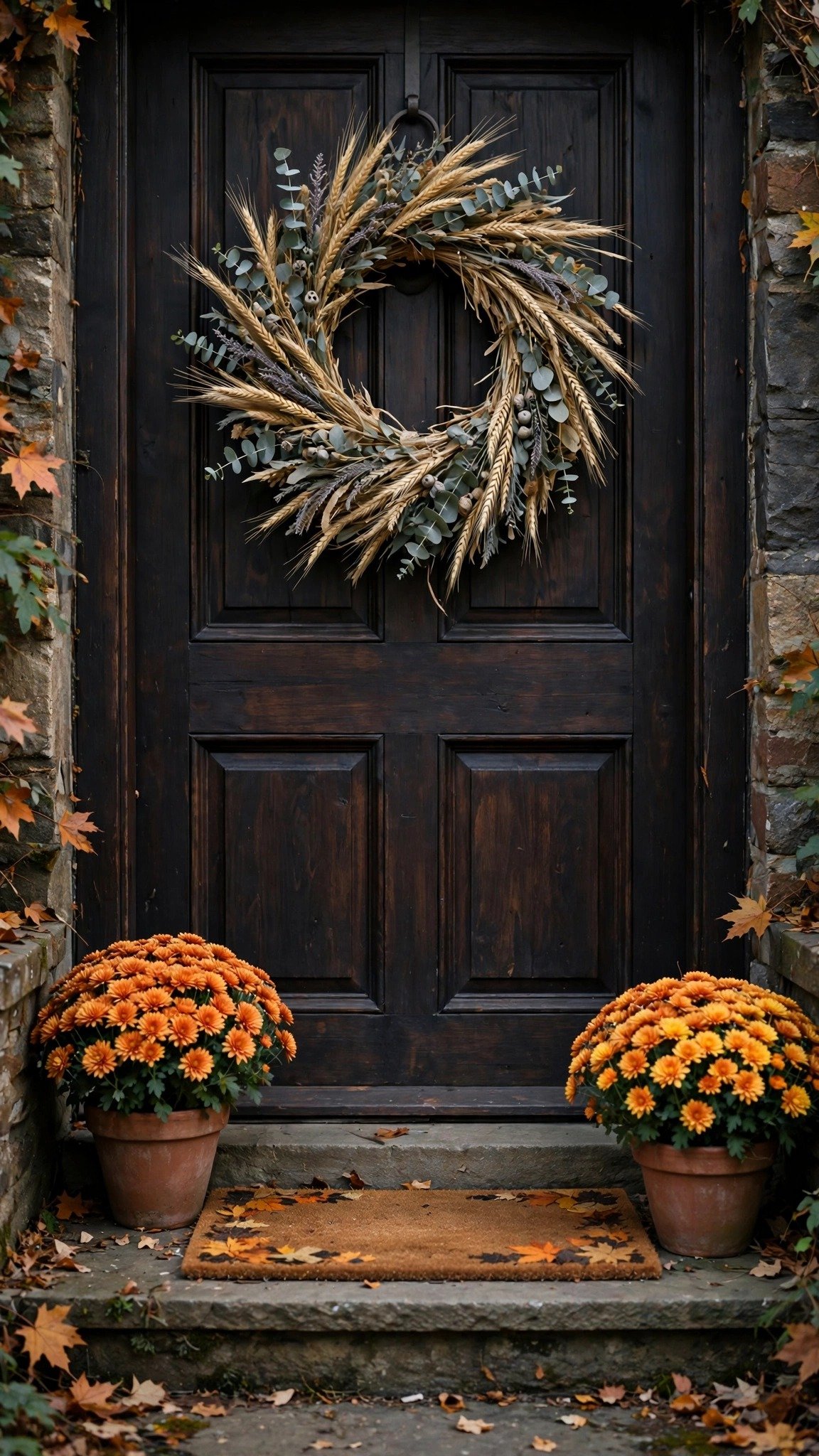 Front door with fall wreath transitioning from summer