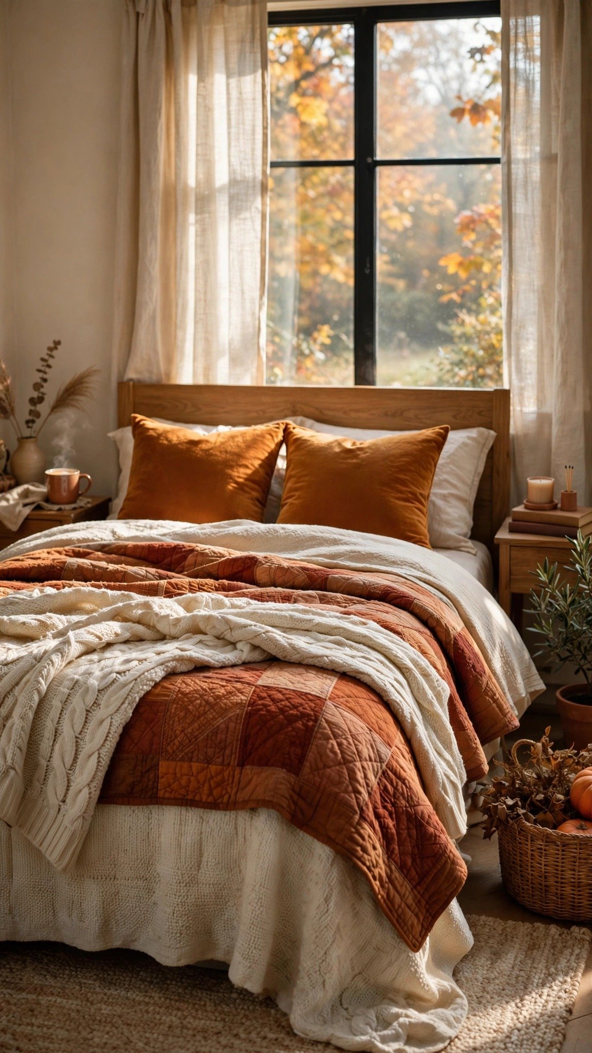 Bedroom with cozy fall bedding for cooler nights