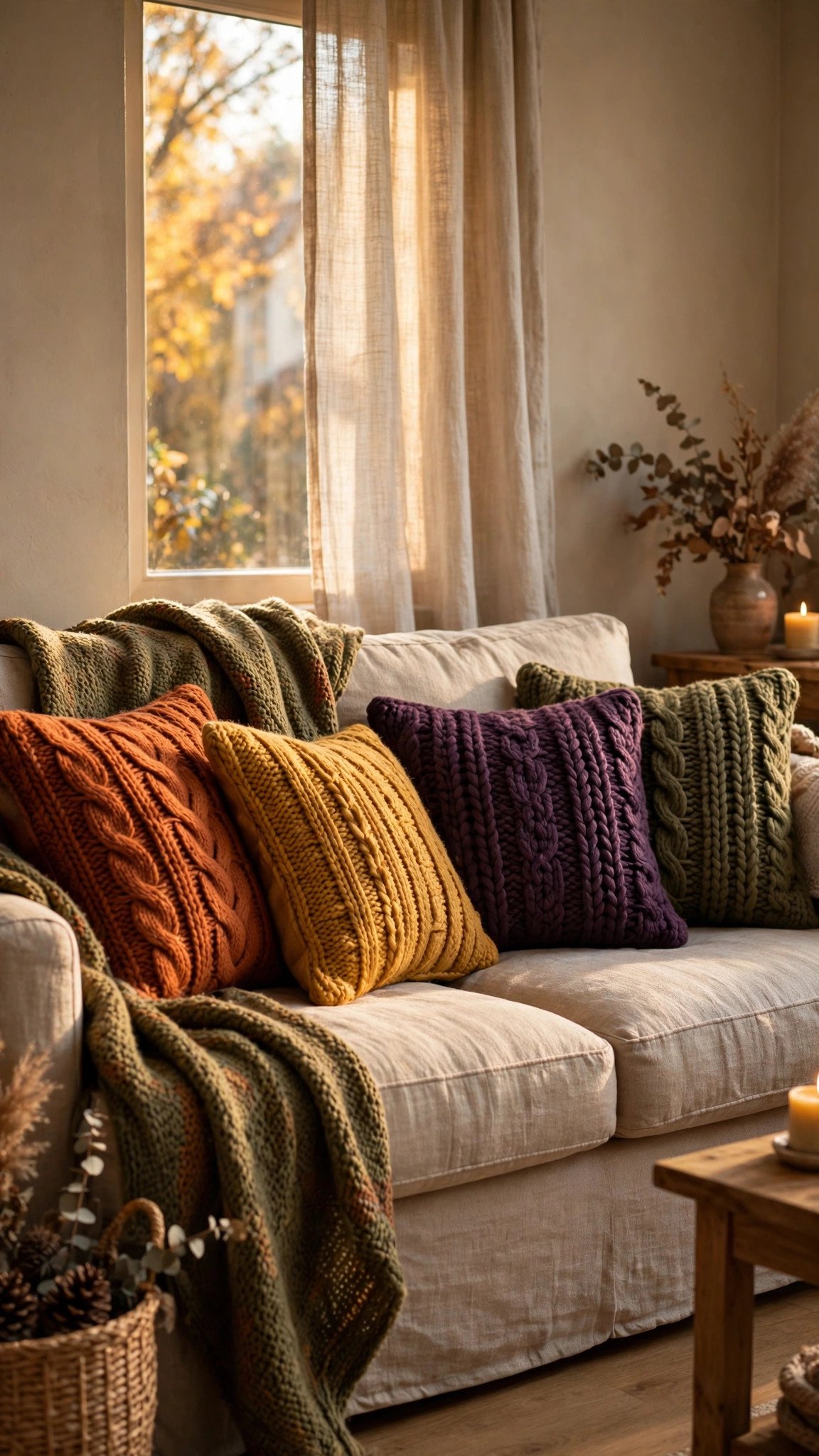 Cozy autumn throw pillows in rust and mustard tones on a sofa