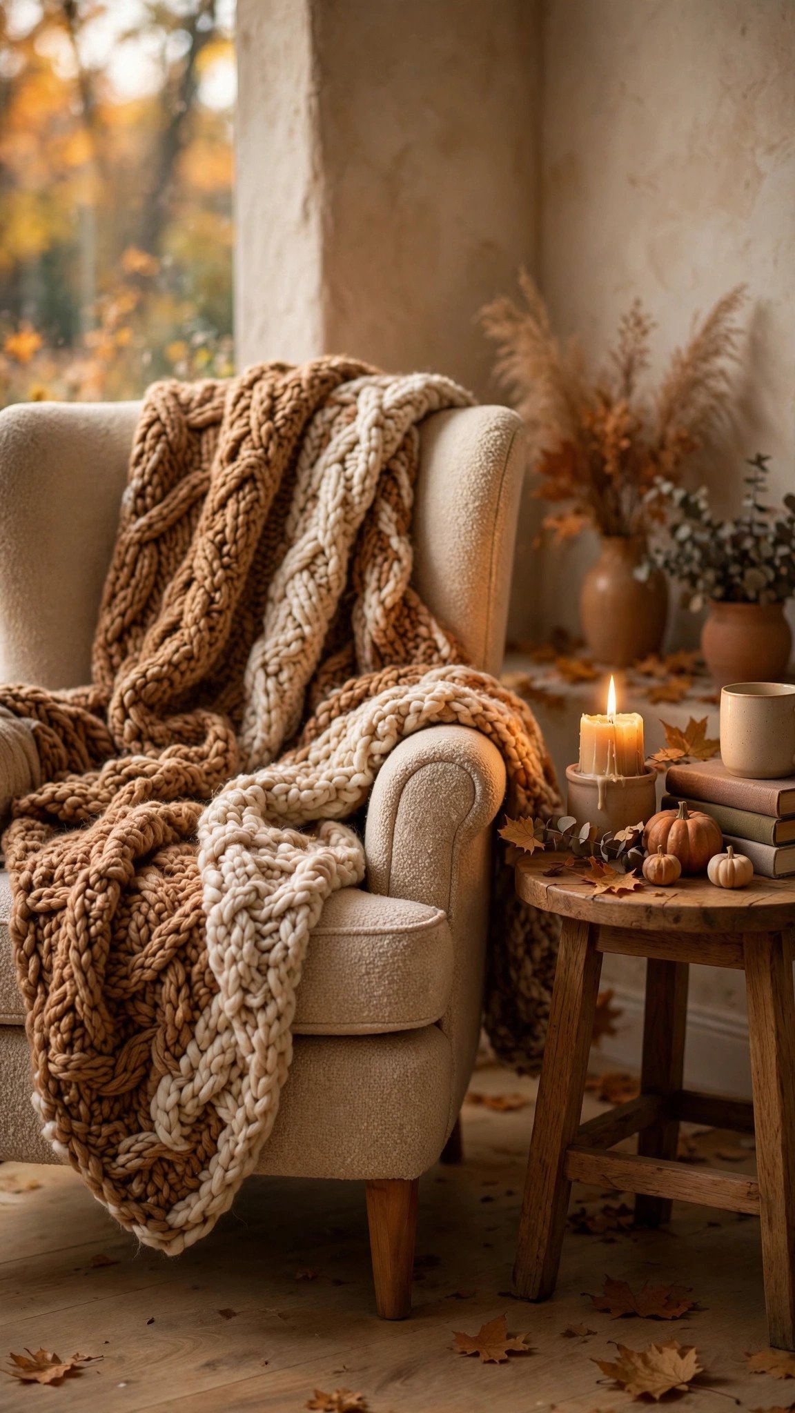 Chunky knit throw blanket draped over an armchair in warm fall tones