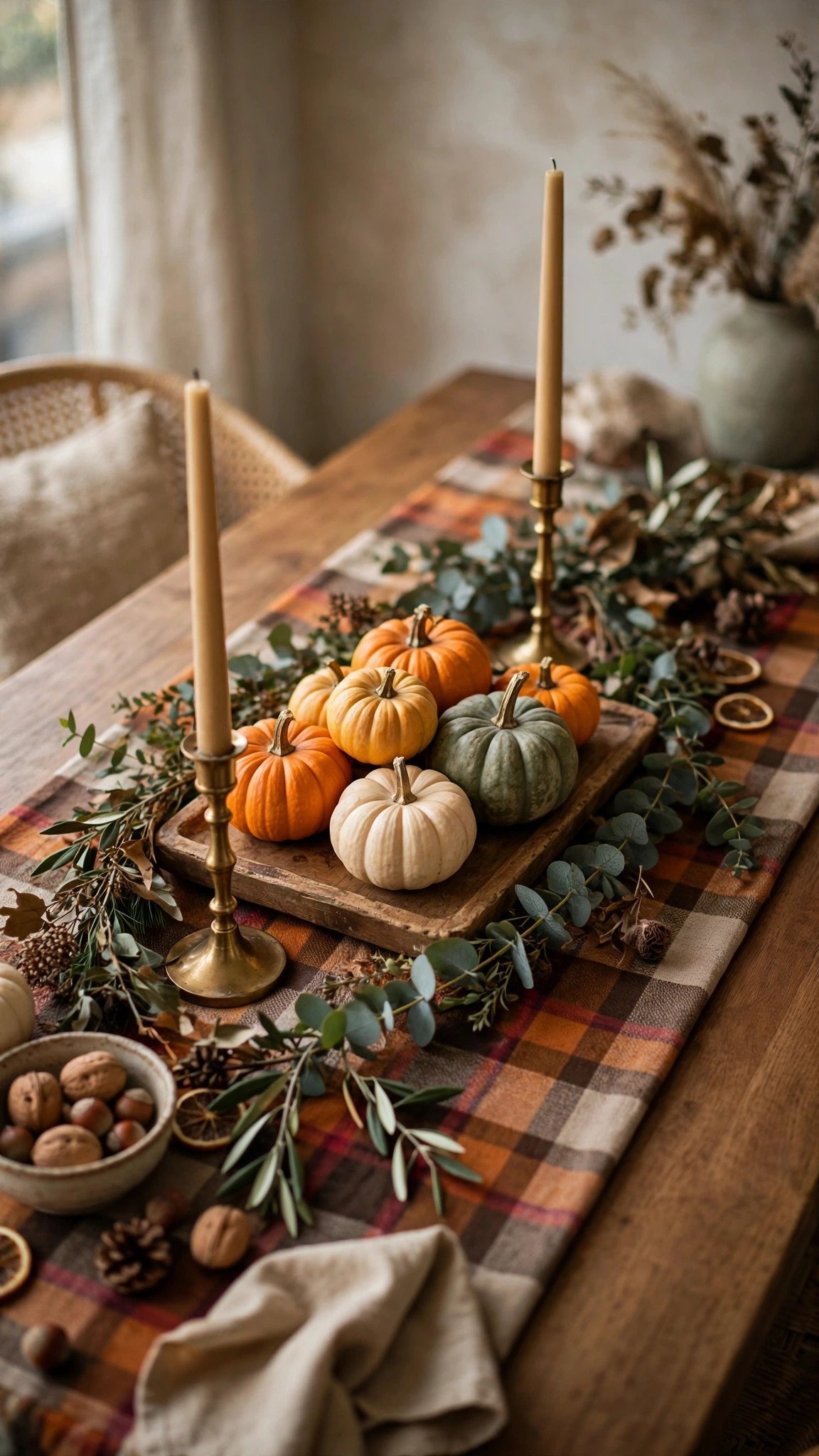 Dining table with an autumn table runner in warm plaid