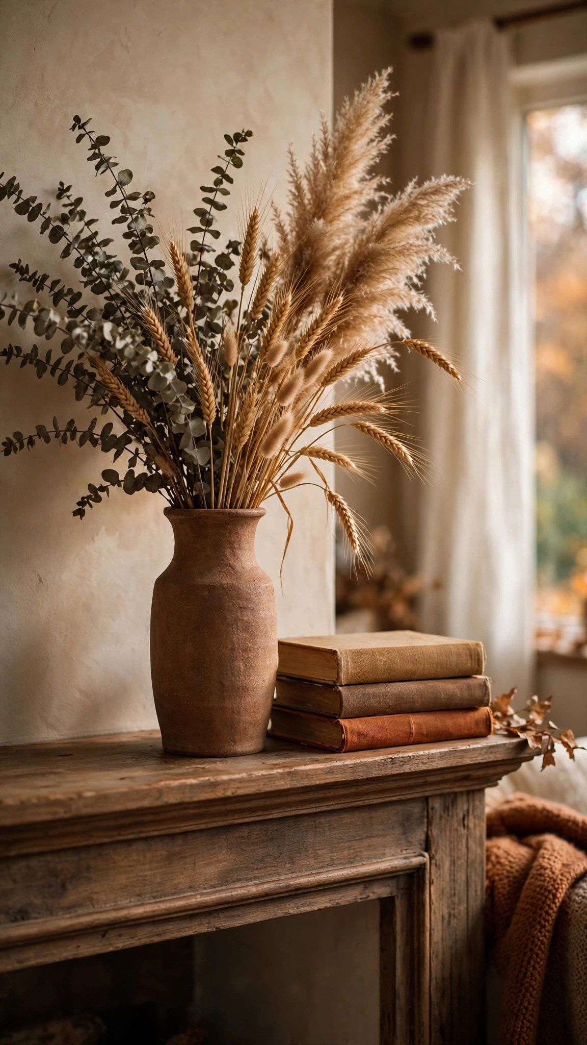Vase with dried autumn branches and eucalyptus on a mantel