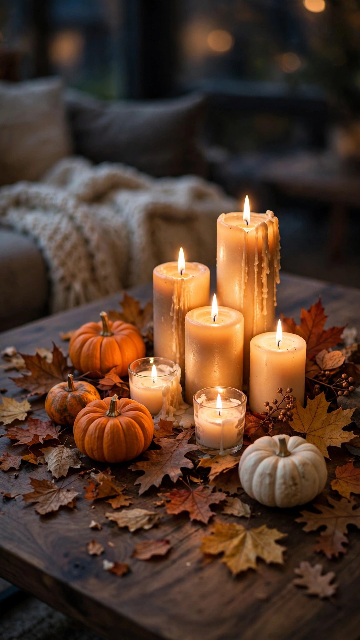 Lit fall-scented candles with pumpkins on a coffee table