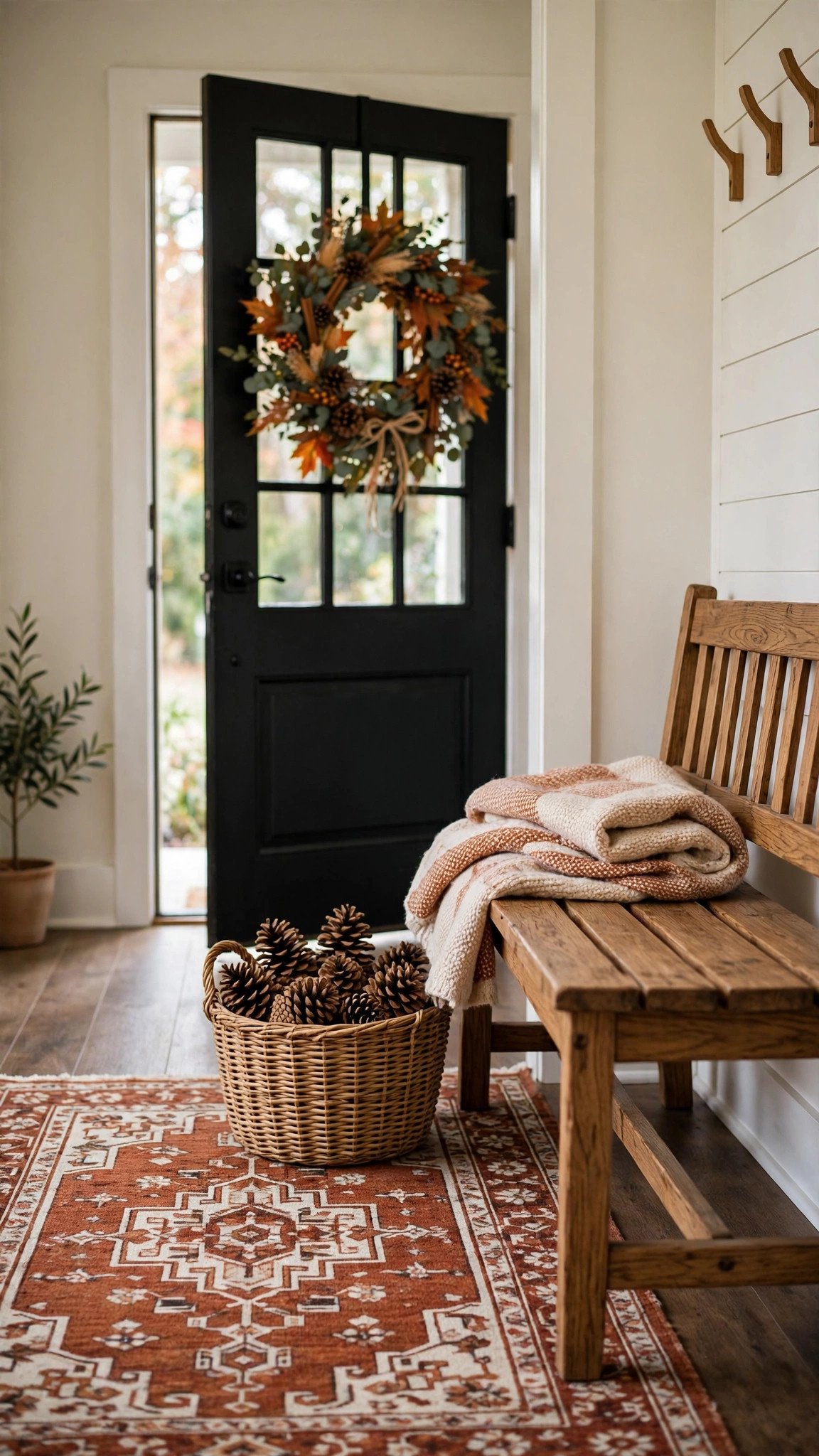 Entryway with a warm patterned fall rug and pumpkin accents