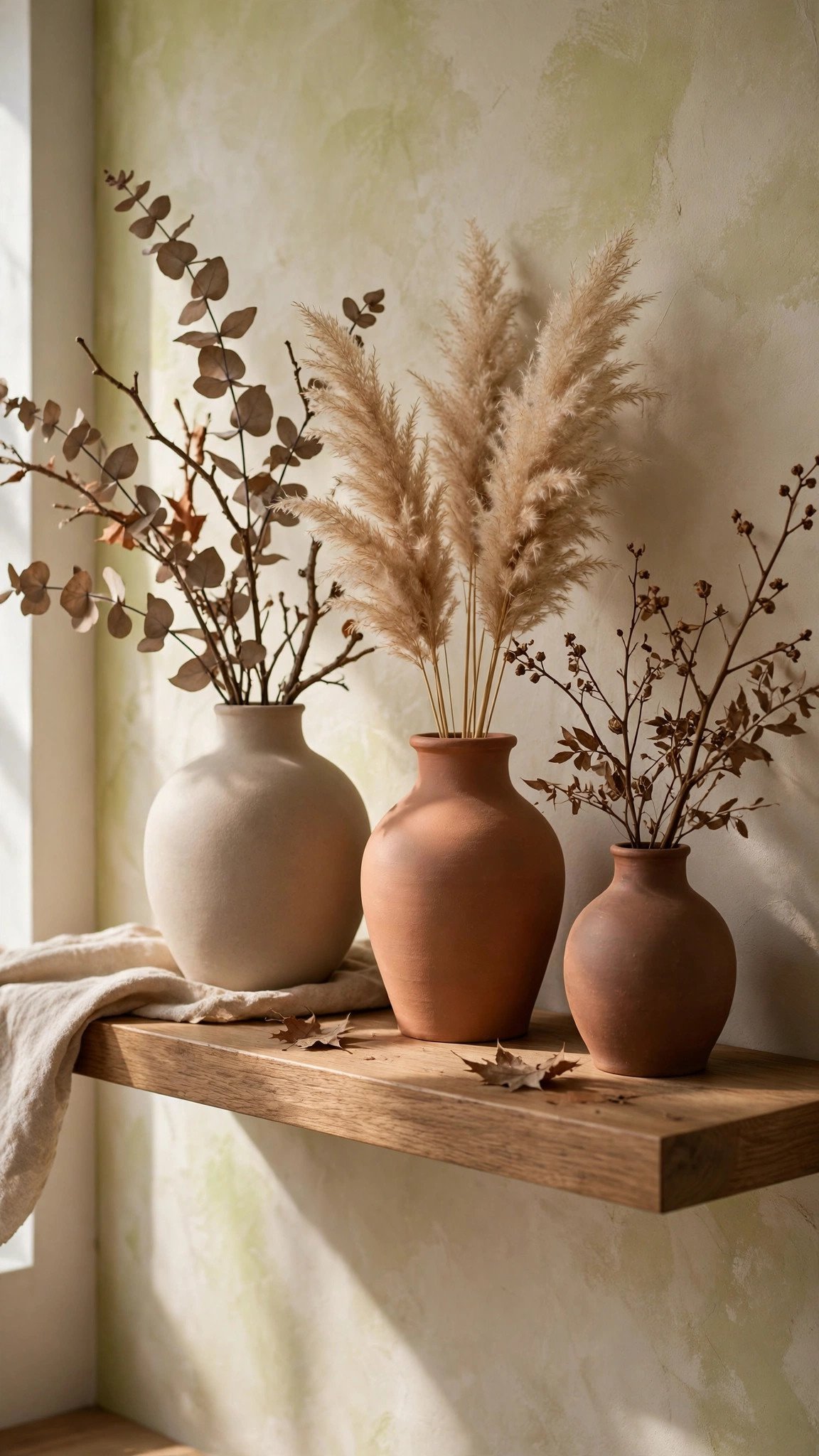 Matte ceramic vases in earthy tones on a shelf