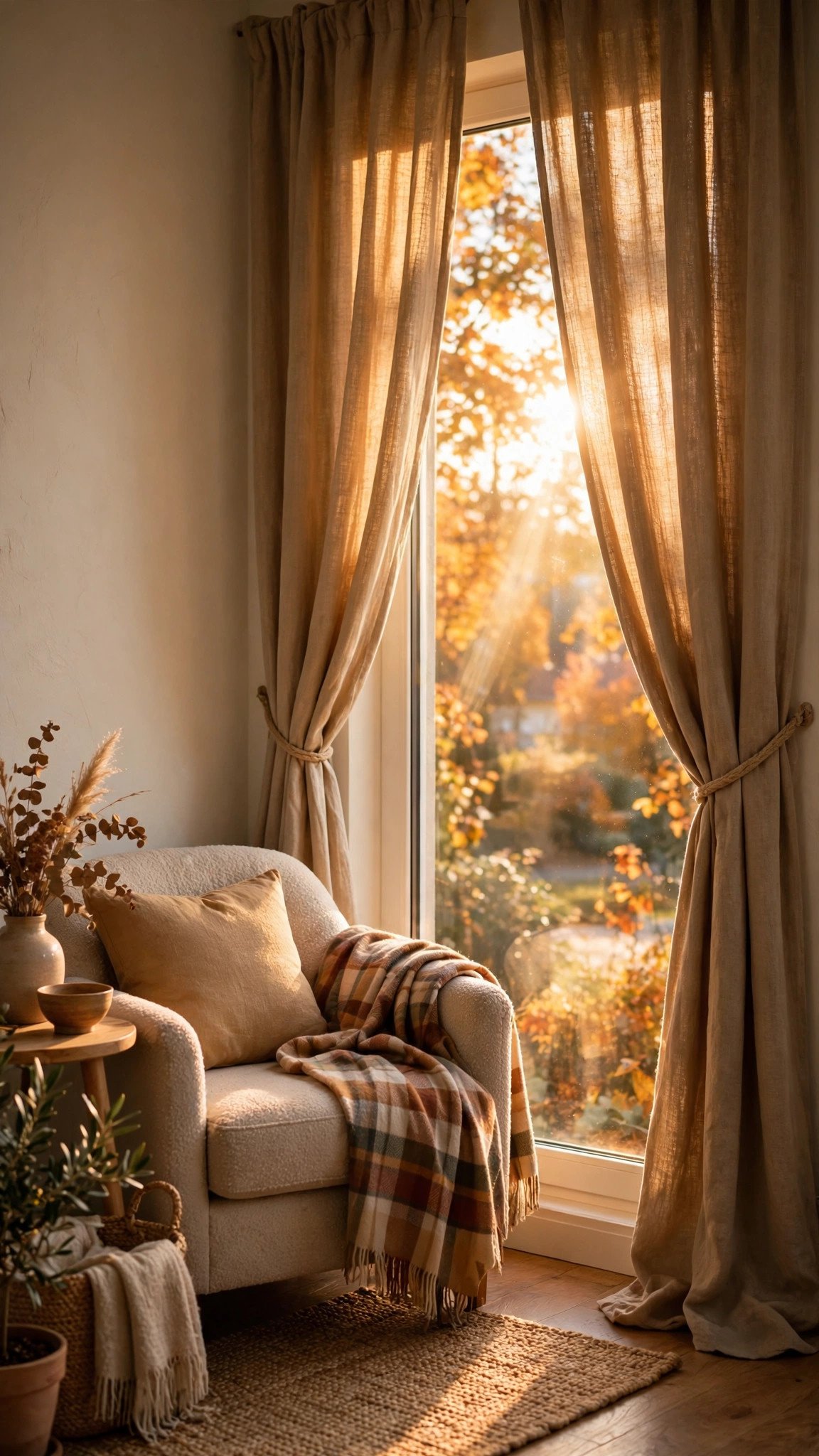 Living room window with heavy linen drapes in warm tones