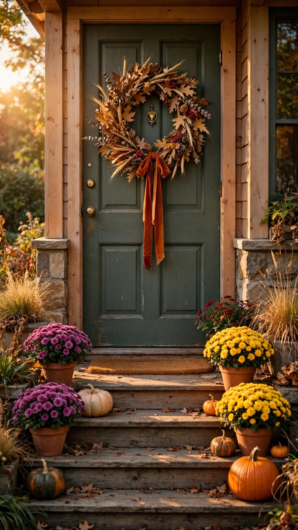 Autumn wreath with dried leaves and berries on a front door
