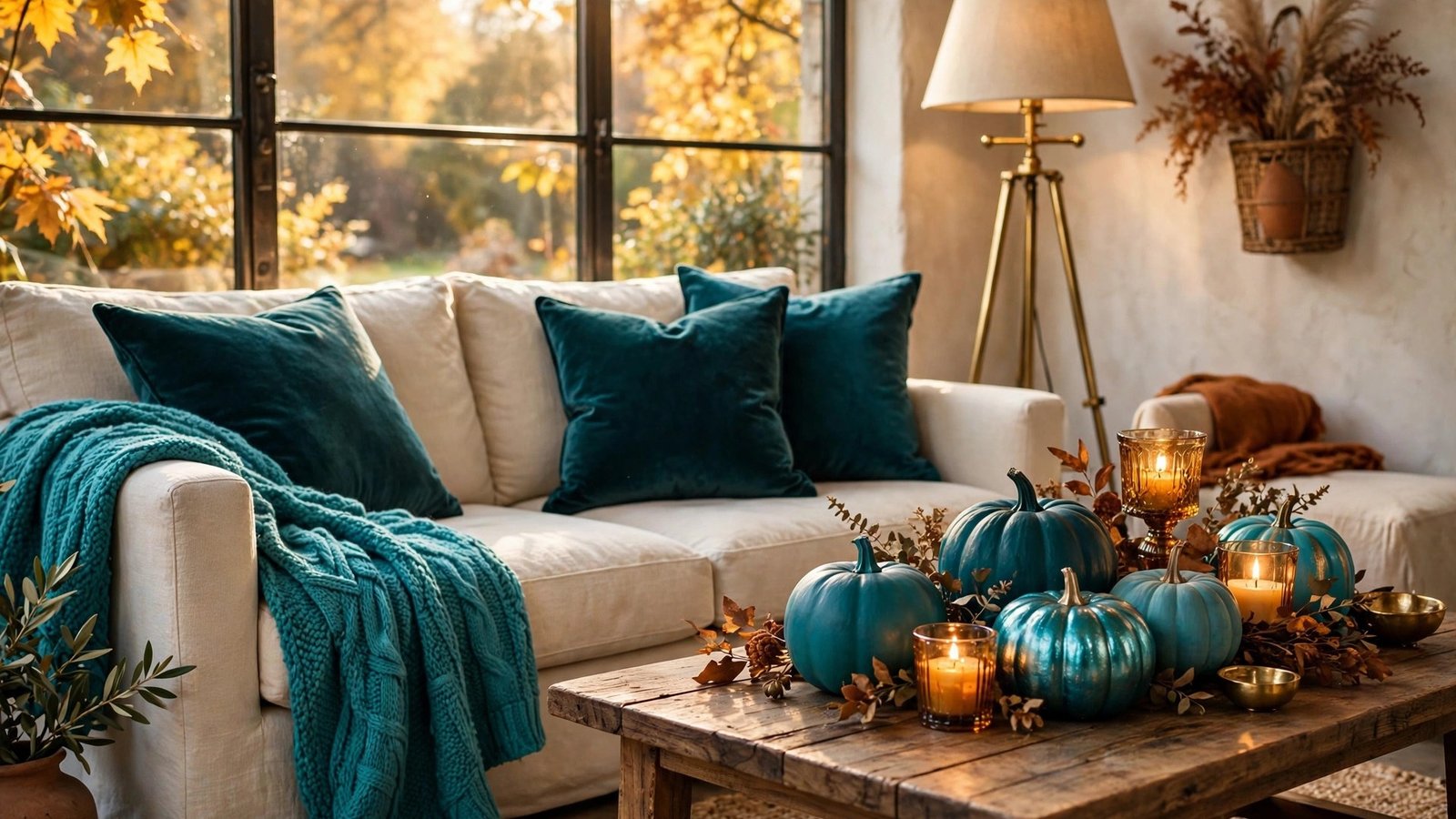 Teal fall decor ideas in a cozy jewel-toned autumn living room