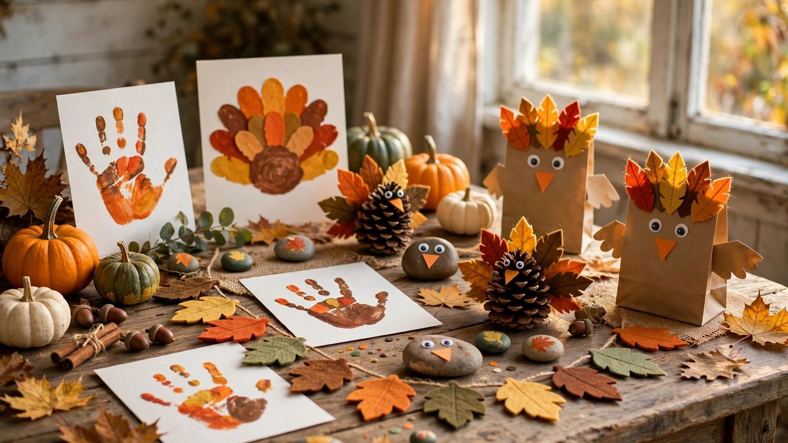 Fun and simple Thanksgiving crafts on a farmhouse table