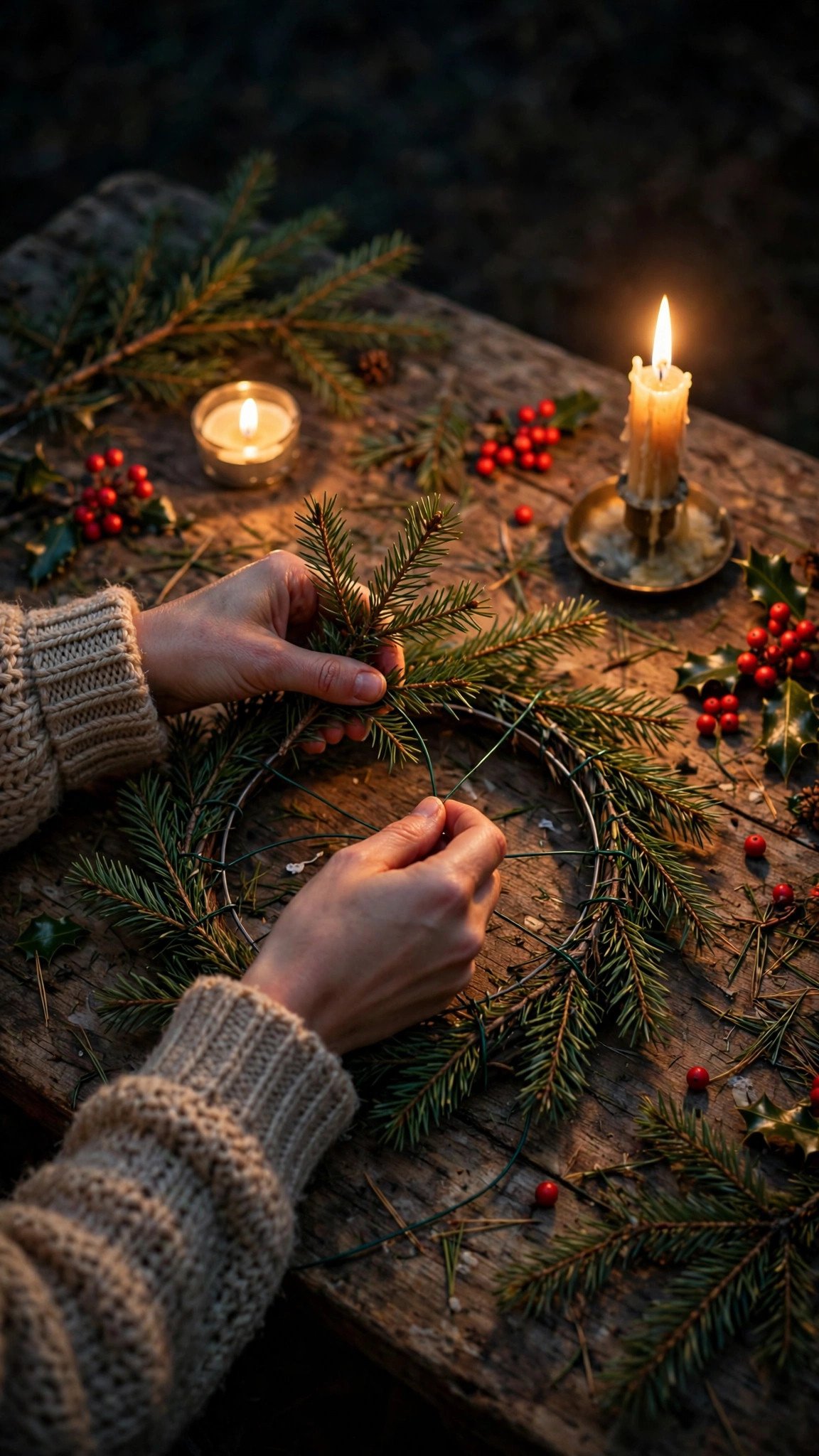 Friends making winter wreaths by candlelight around a table