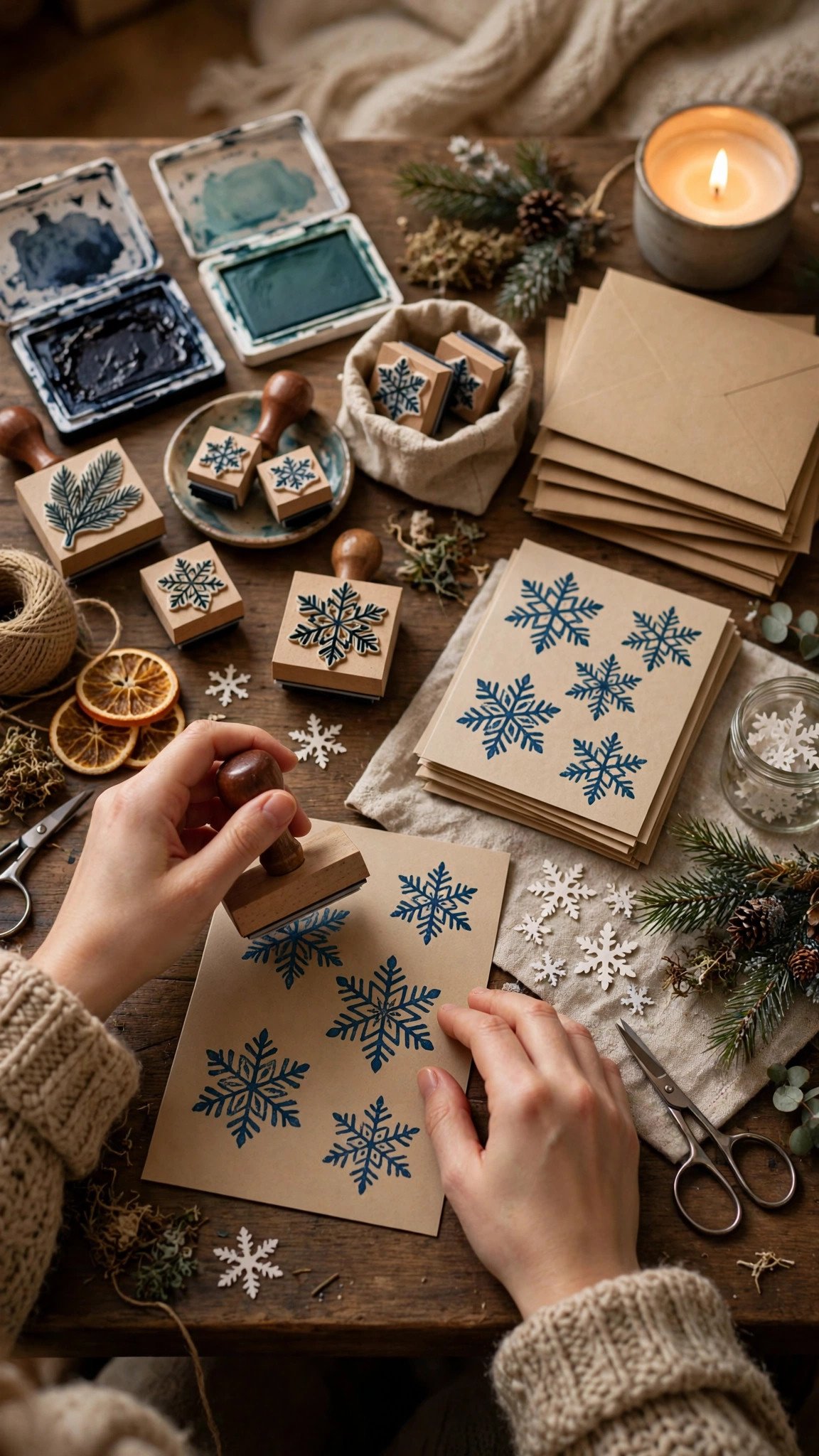 Making handmade winter greeting cards with stamps and paper