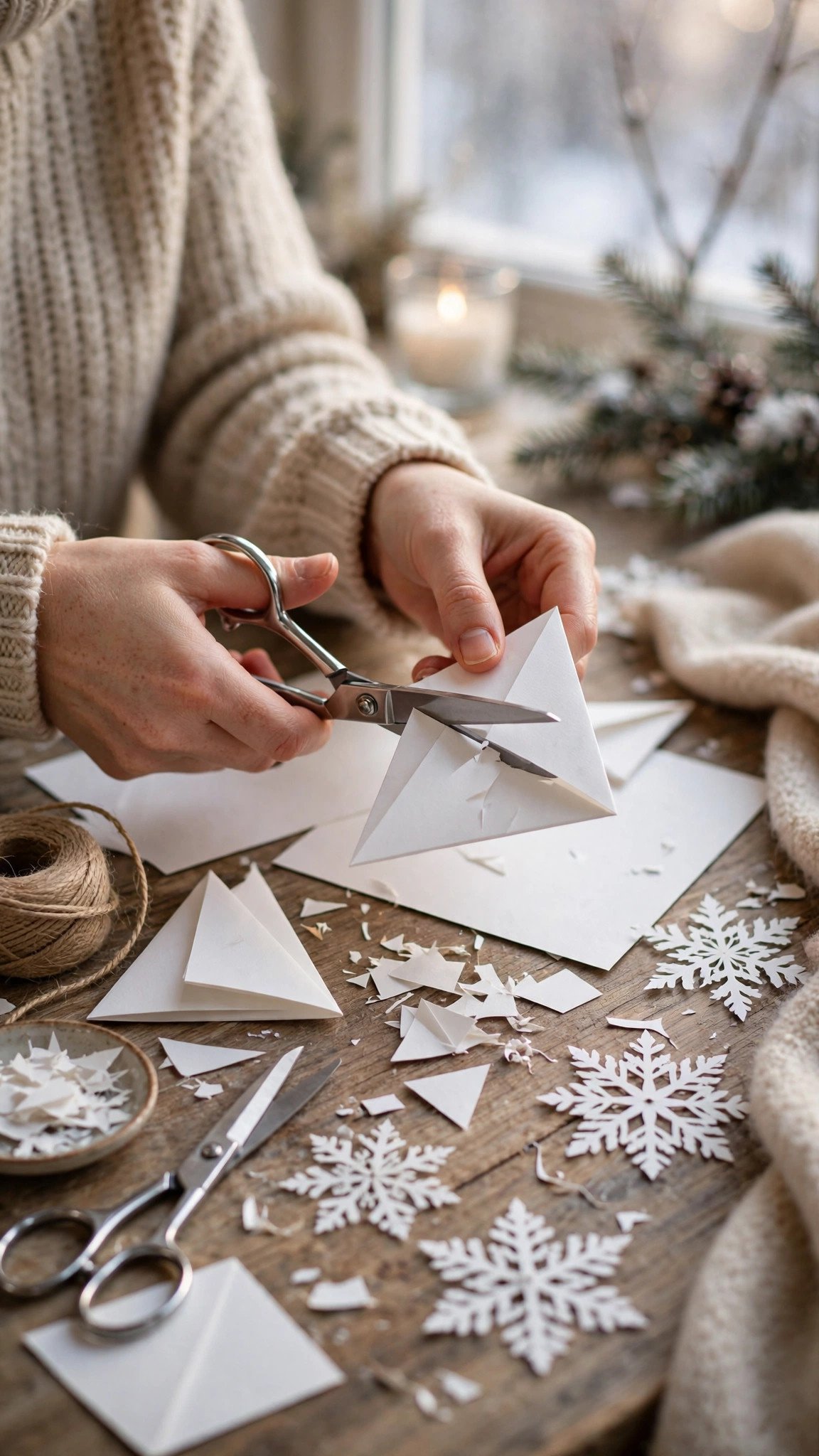 Hands cutting intricate paper snowflakes at a craft night