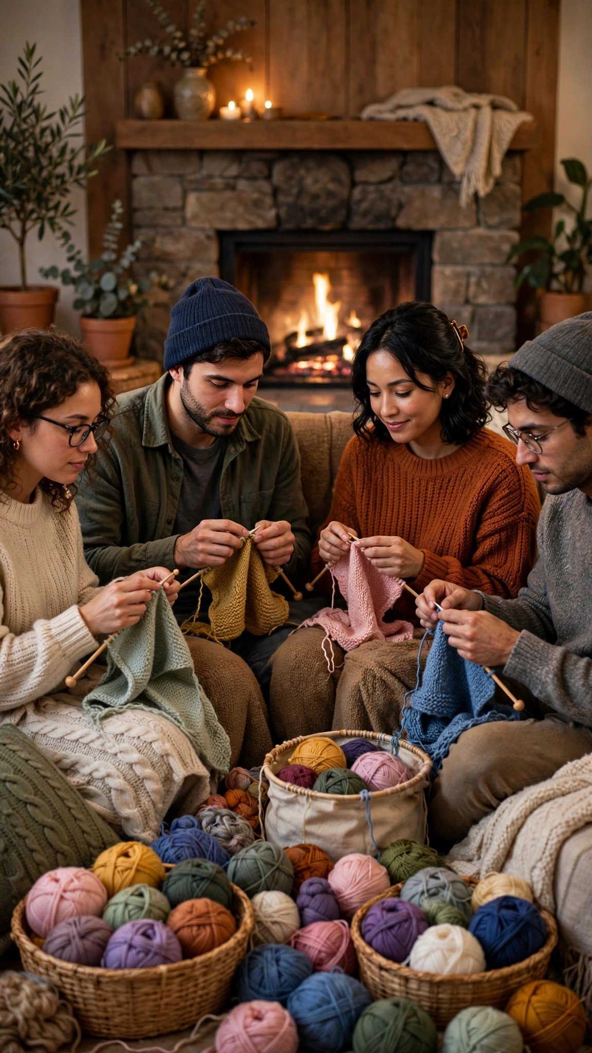 Friends knitting with yarn and cocoa in a cozy living room