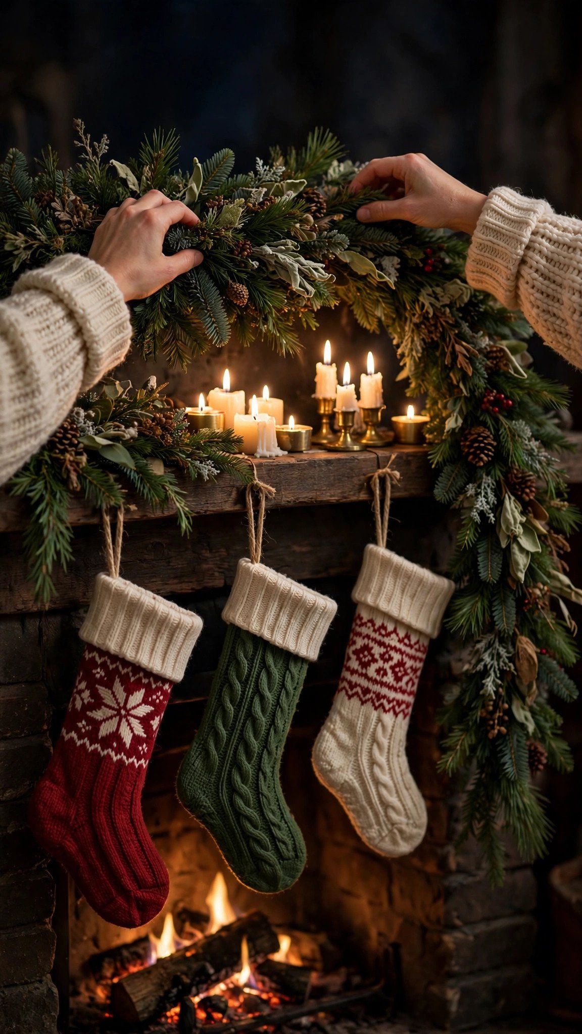 Decorating a winter mantel with garlands candles and pinecones