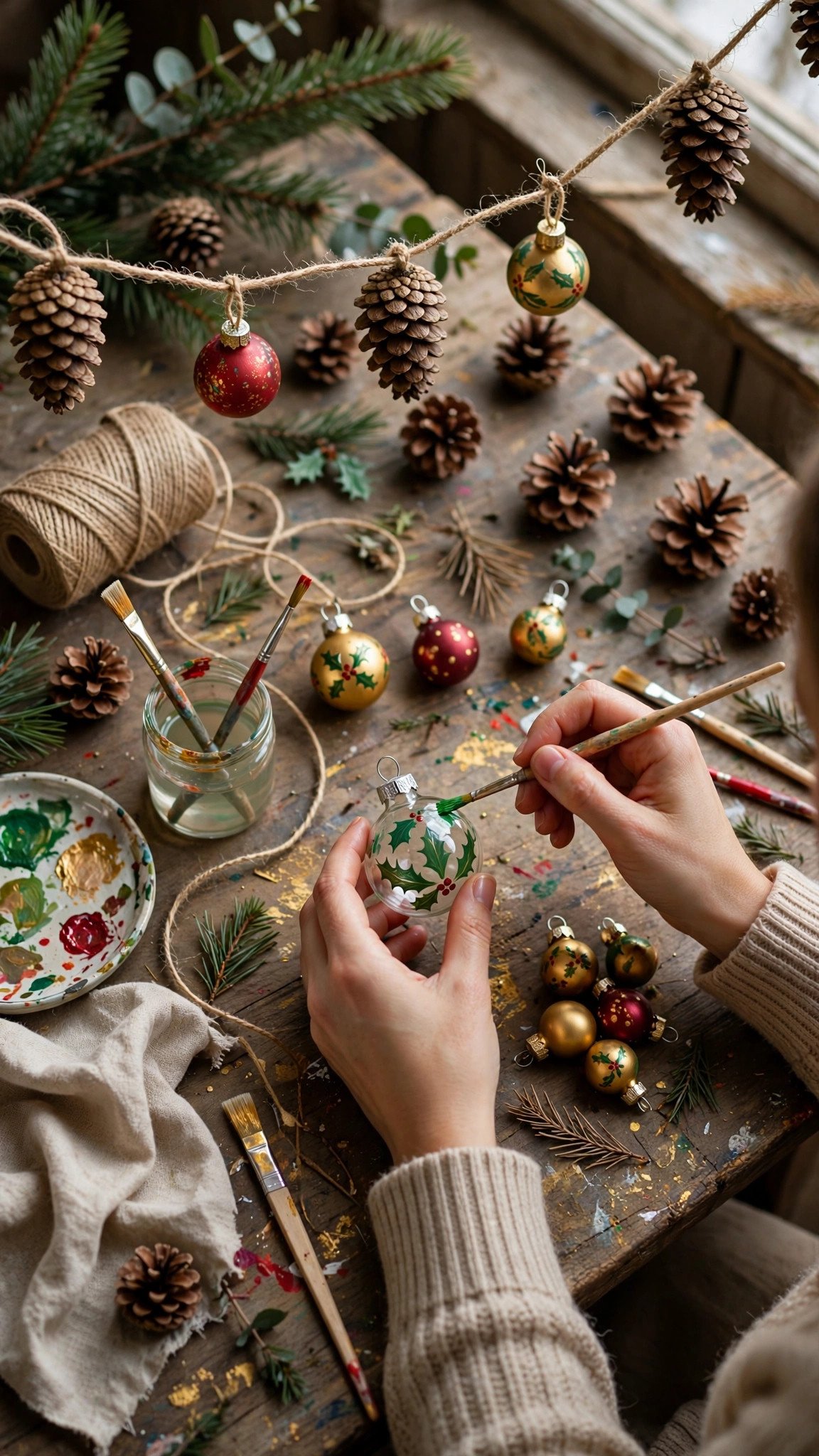 Painting pinecones and stringing a garland for winter decor