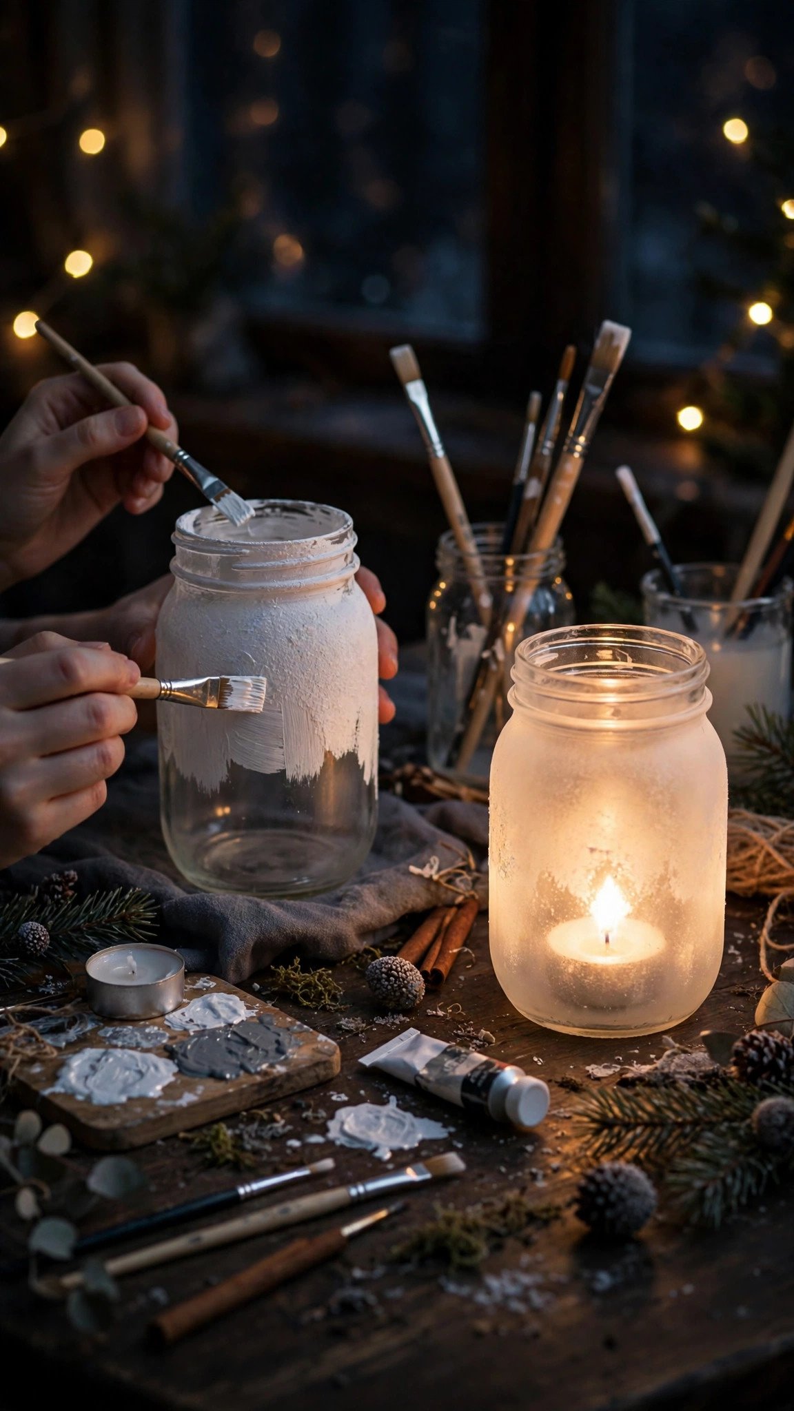 Painting mason jars to make frosted winter lanterns