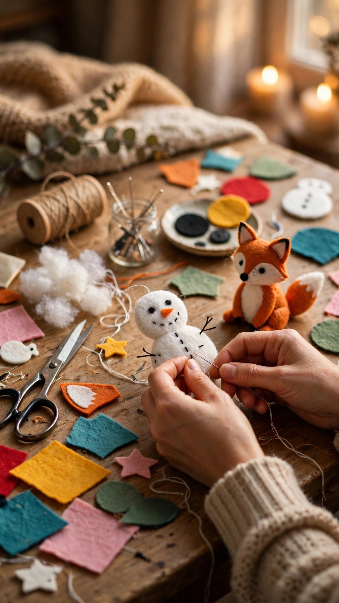 Hand-stitching cute felt winter characters like penguins and snowmen