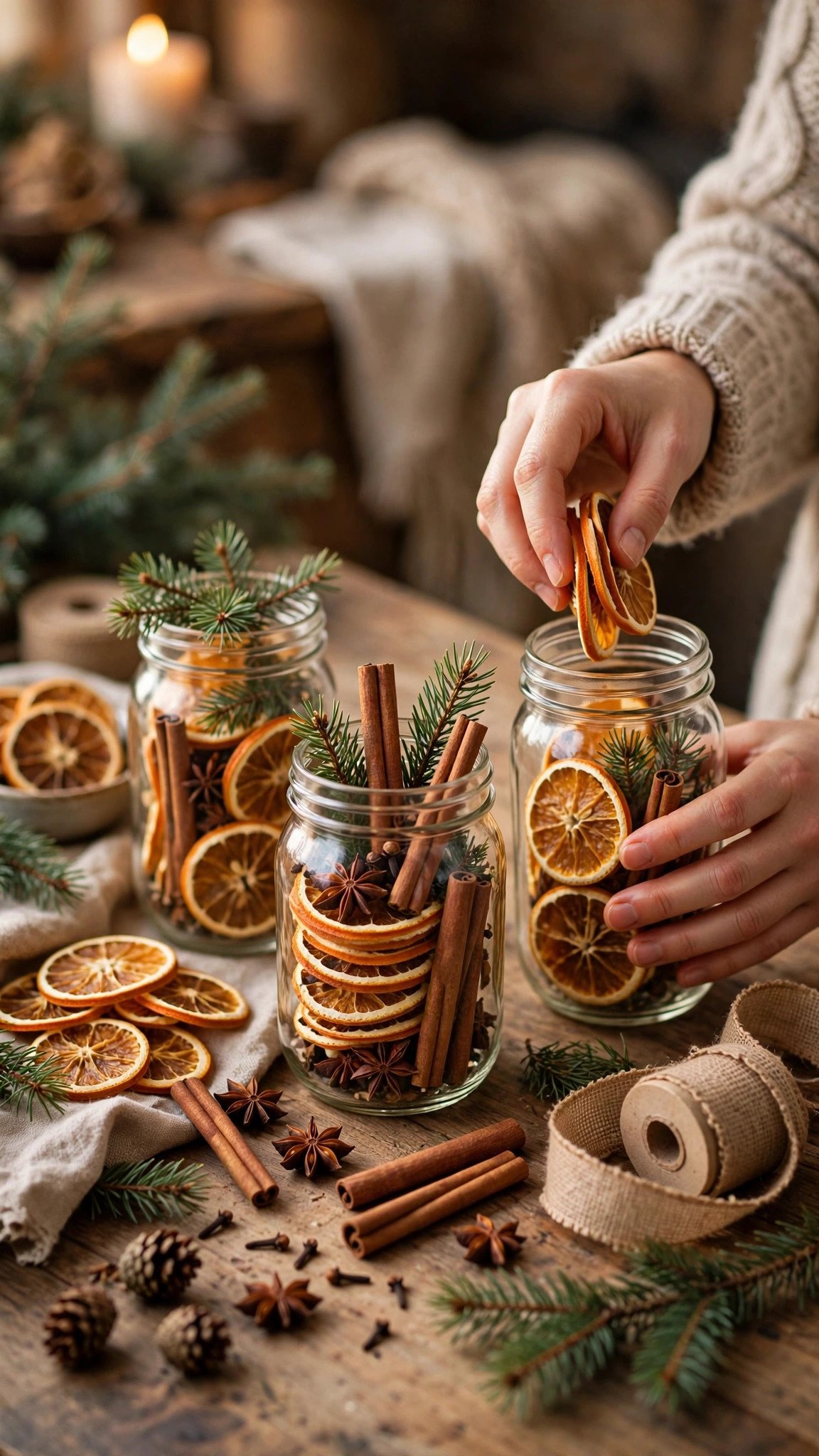 Layering dried fruit and spices in jars for stovetop potpourri gifts