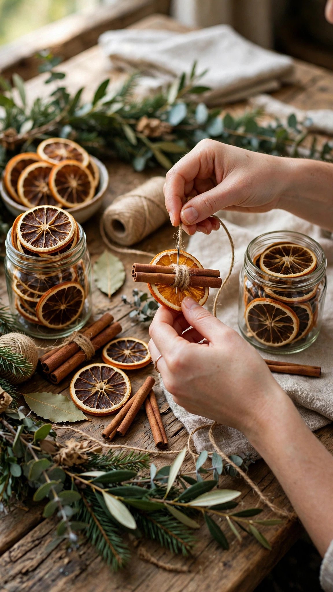 Dried orange slices and cinnamon ornaments being assembled