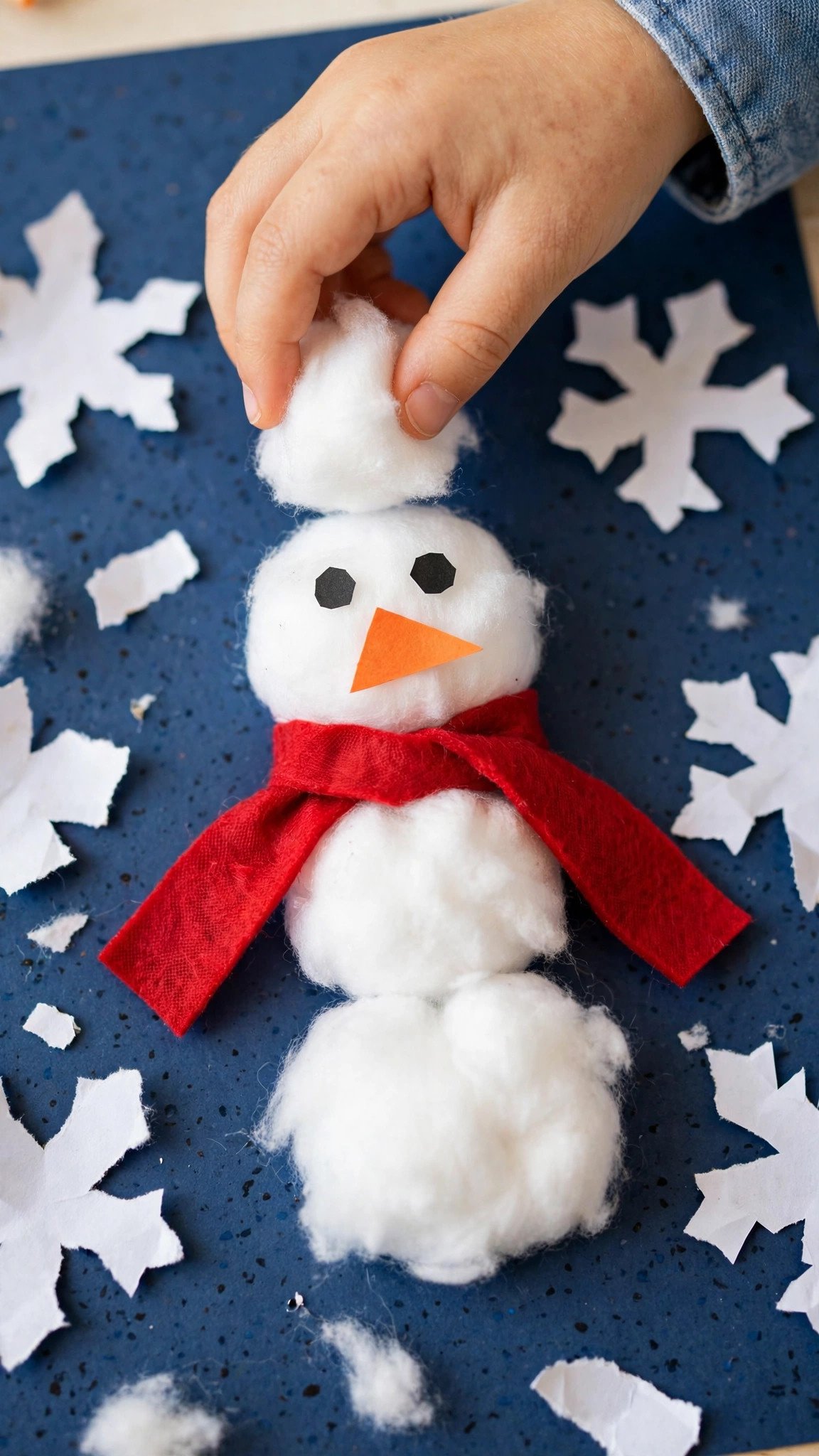 Cute cotton-ball snowman craft made by kids on blue paper