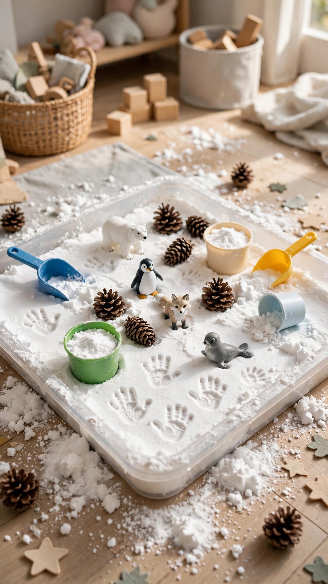 Fake-snow sensory bin with scoops and tiny winter toys for kids