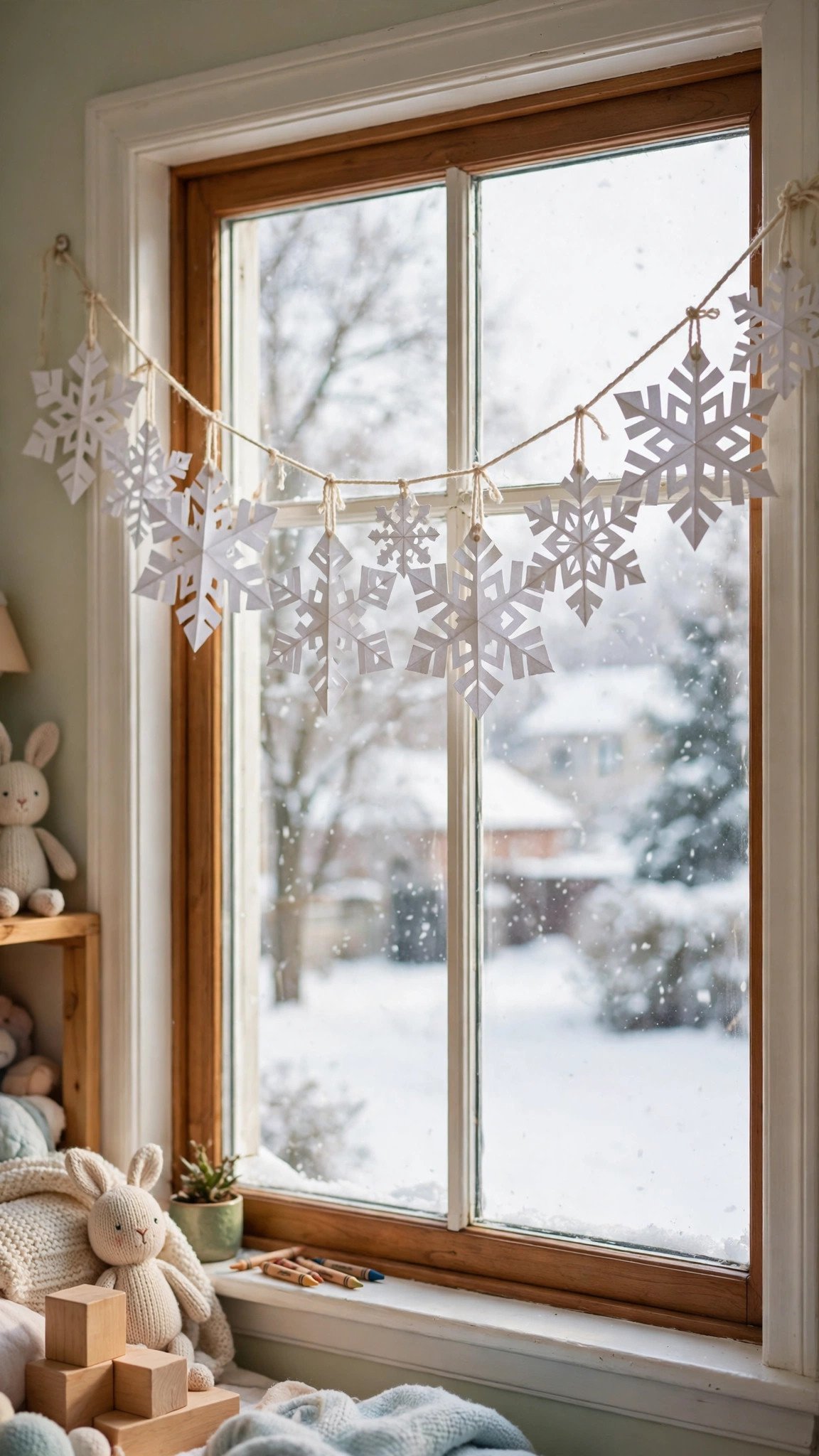 Handmade paper snowflake garland hanging across a child's bedroom window