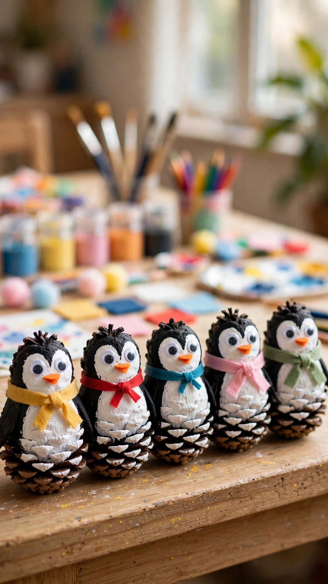 Adorable painted pinecone penguins with tiny scarves