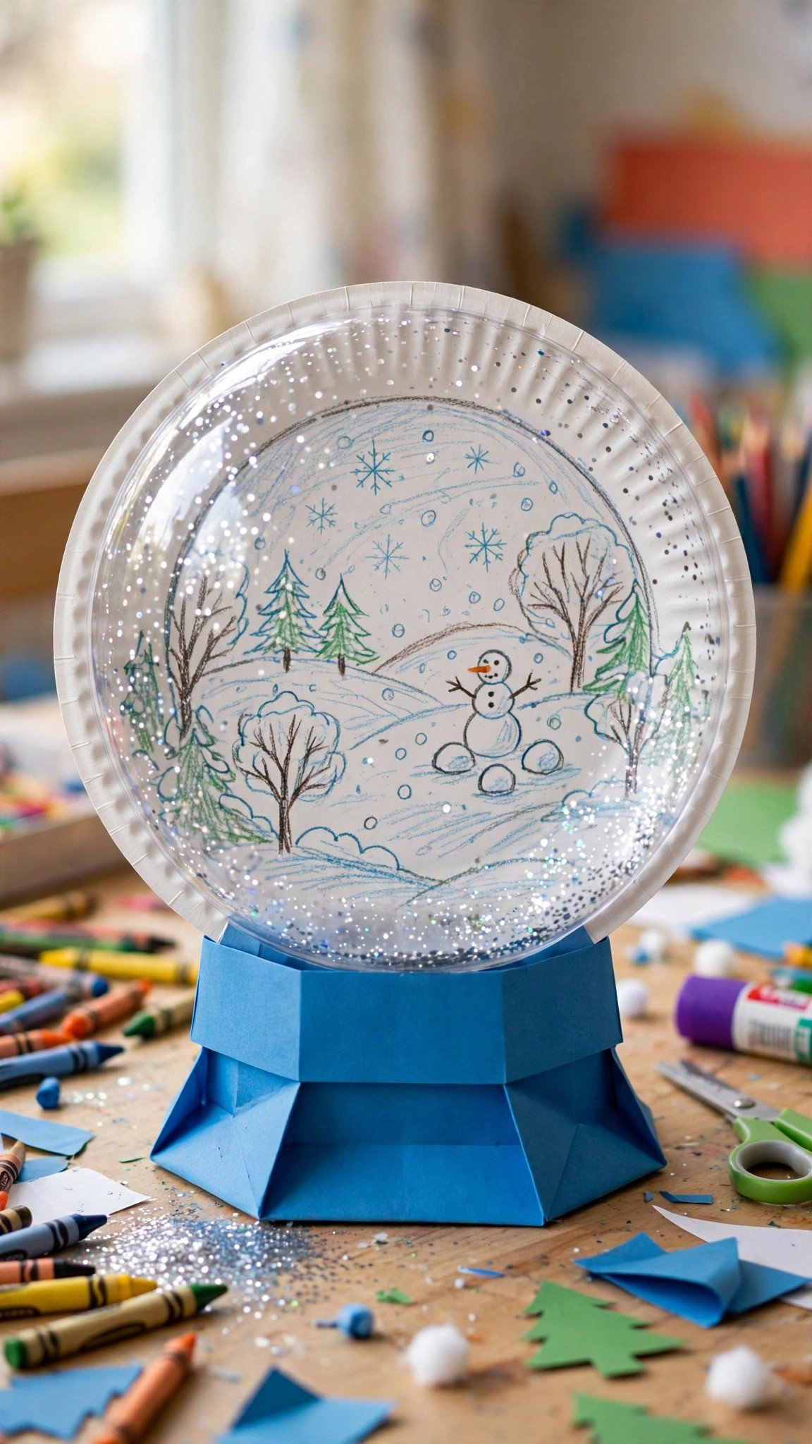 Paper-plate snow globe craft with a snowy winter scene inside