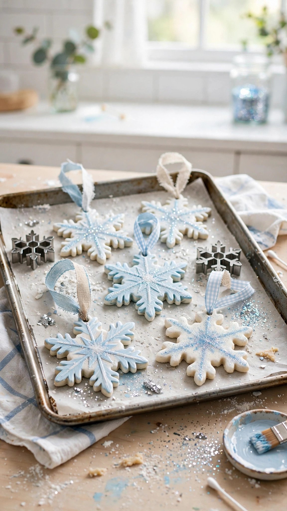 Sparkly salt-dough snowflake ornaments drying on a tray