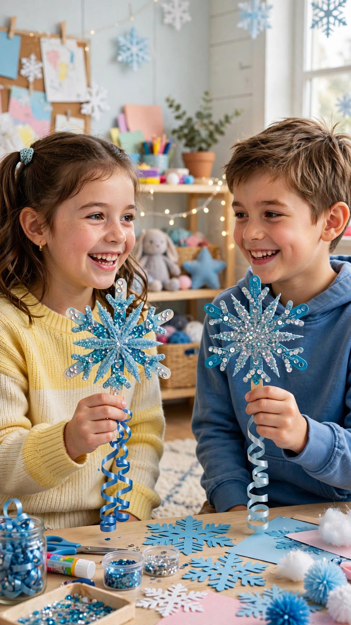 Kids holding sparkly popsicle-stick snowflake wands