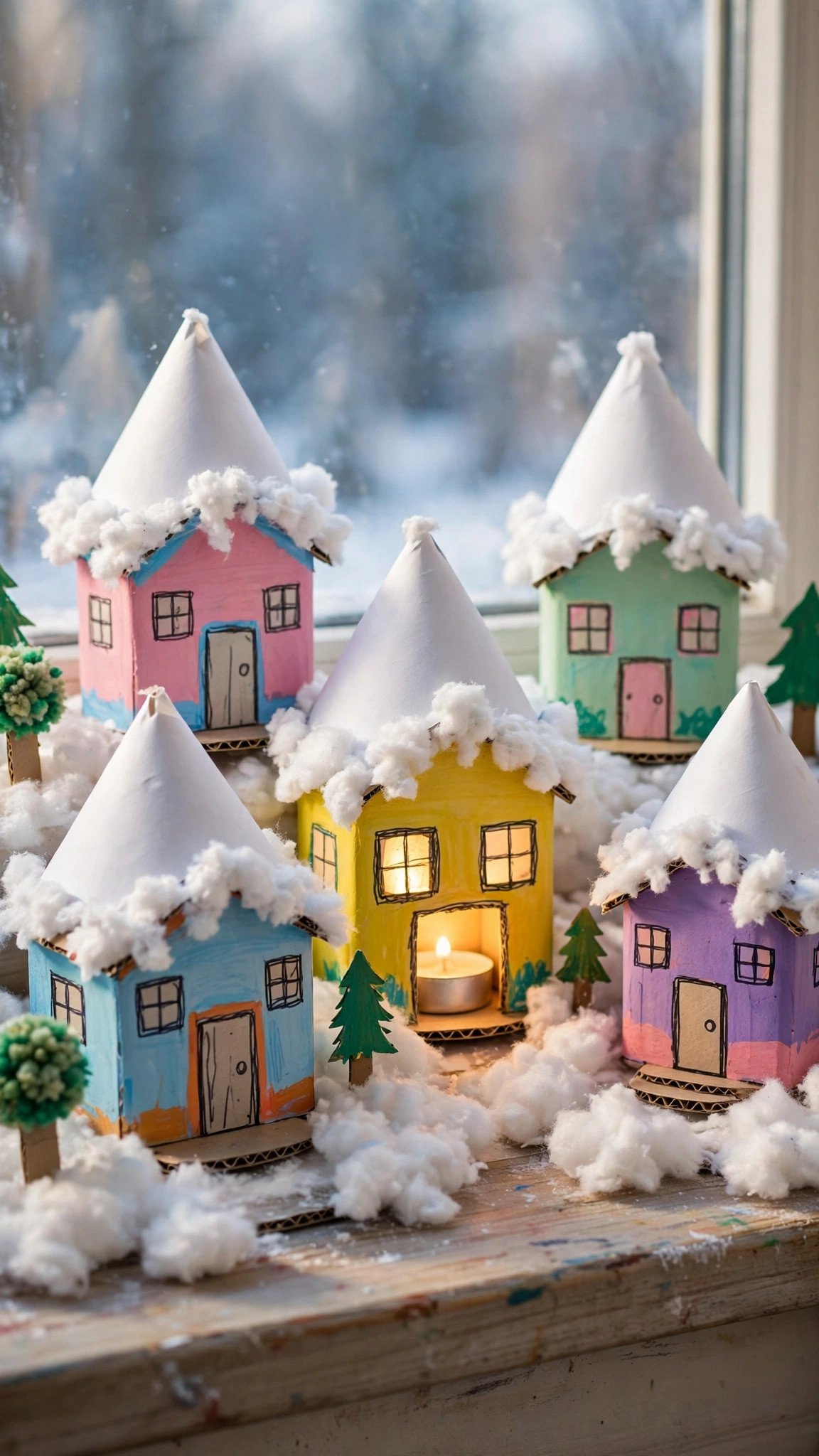 Miniature winter village made from painted cardboard tubes