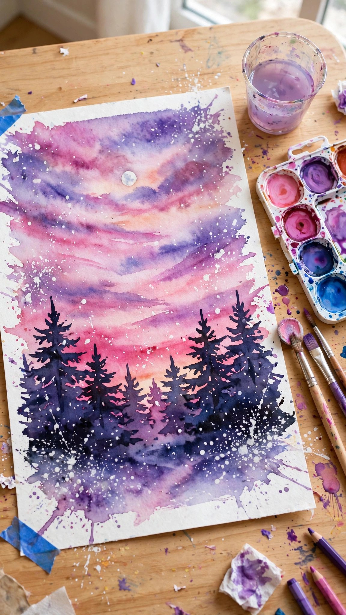 Child's watercolor painting of a pink and purple winter sunset over snowy trees
