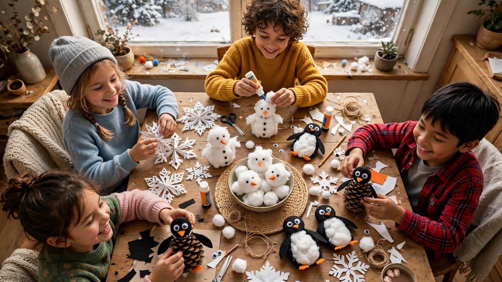 Kids making winter crafts at a table
