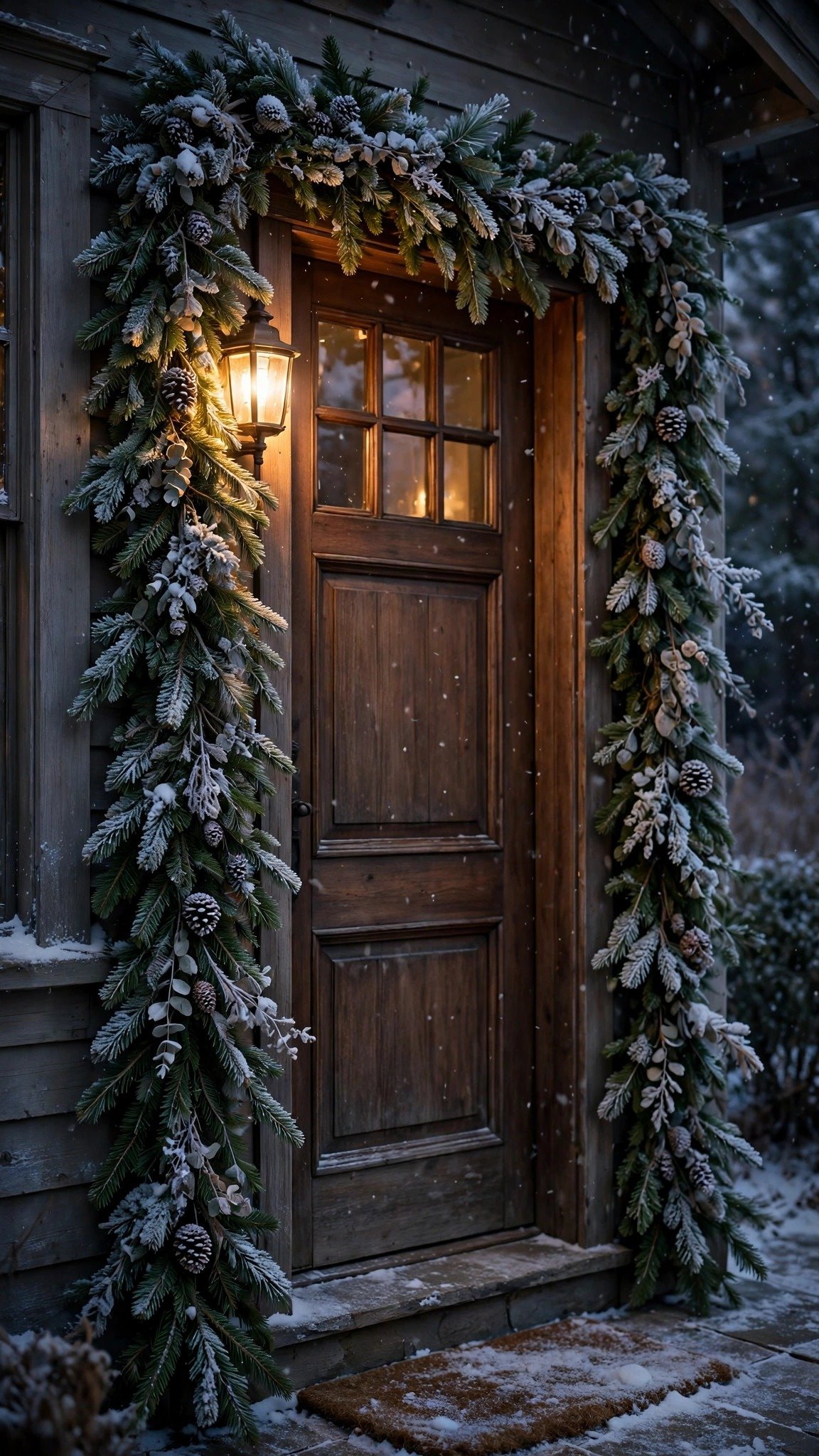 Frosted evergreen garland draped around a front door on a winter porch
