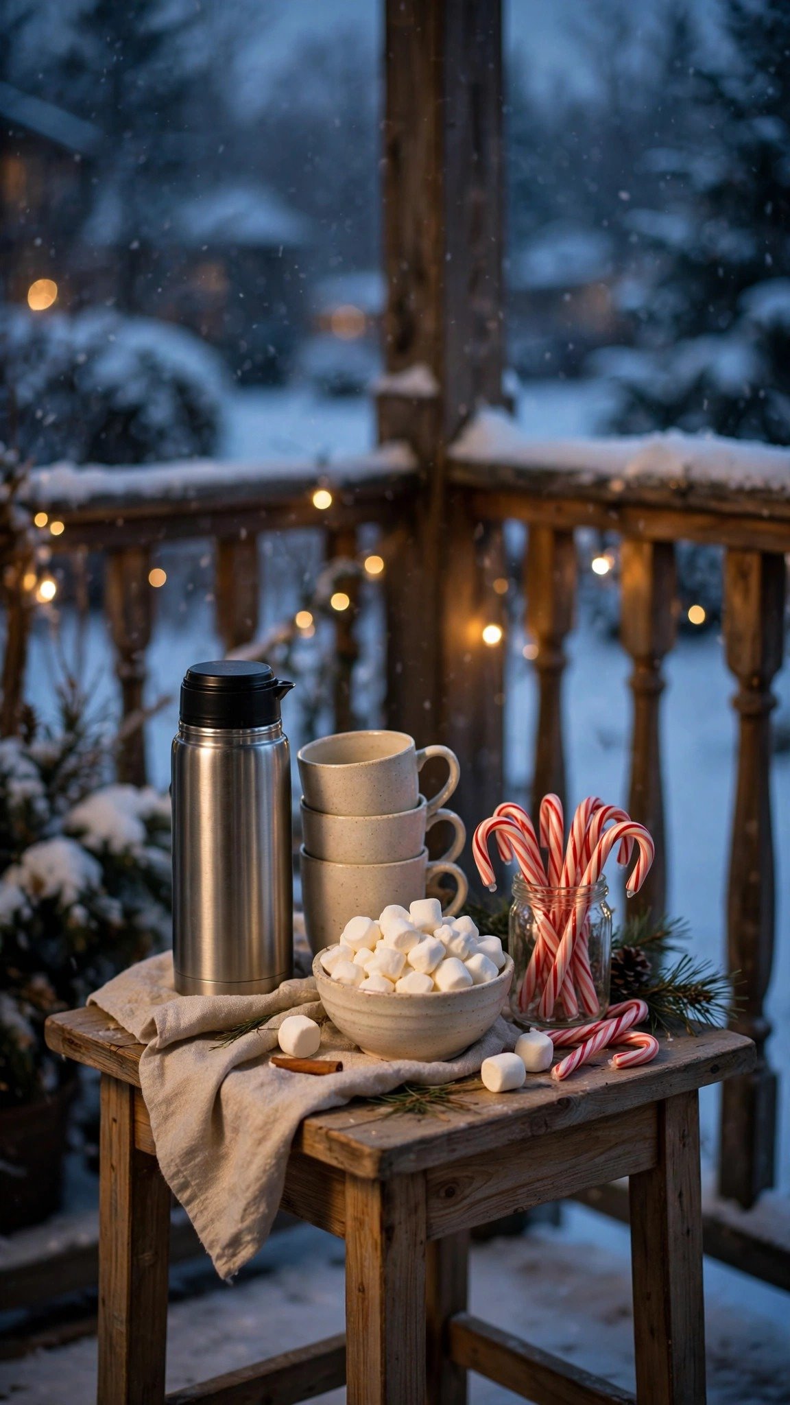 Mini hot cocoa station on a porch side table with mugs and marshmallows
