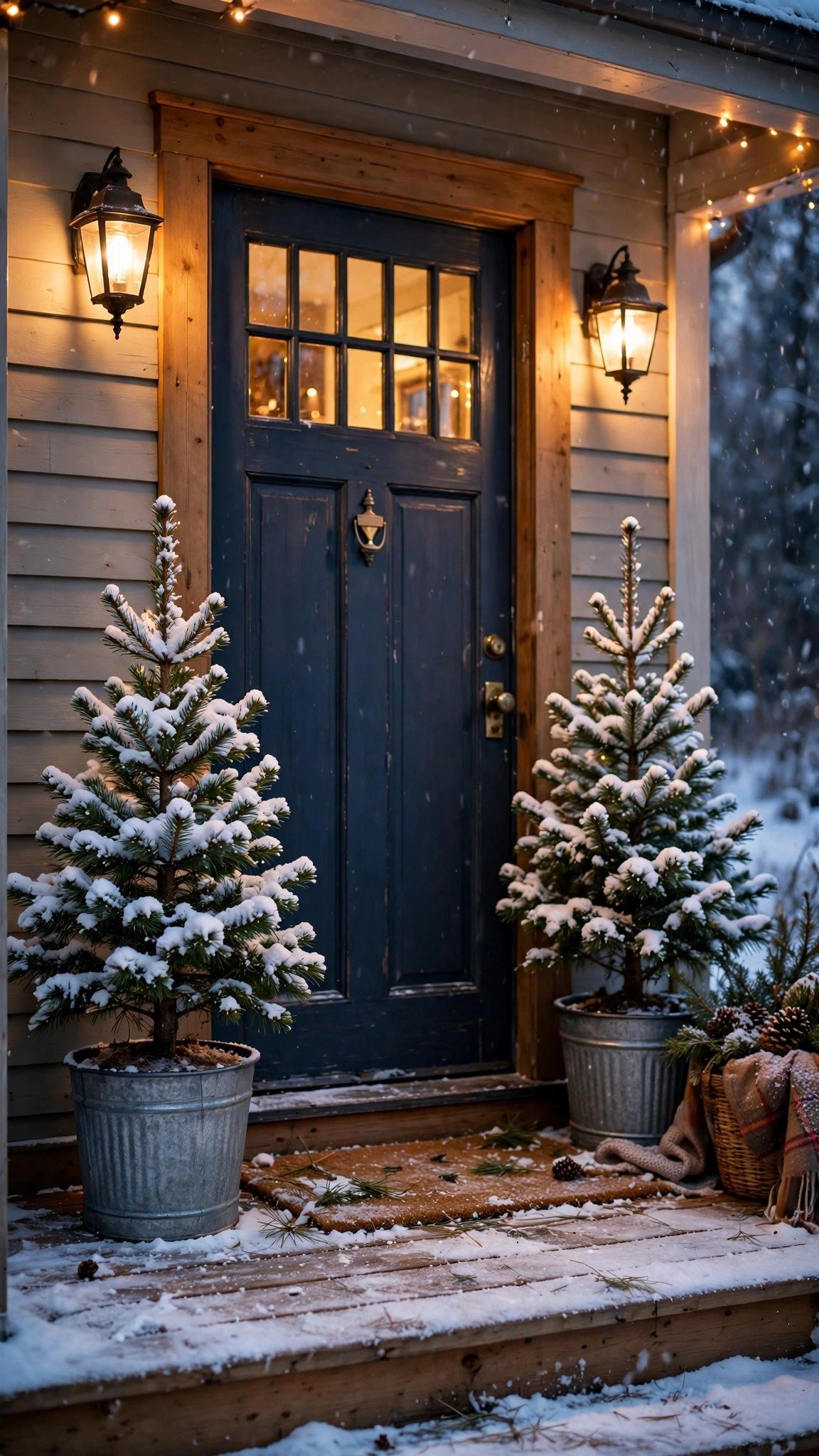 Two snowy mini pine trees in pots flanking a front door