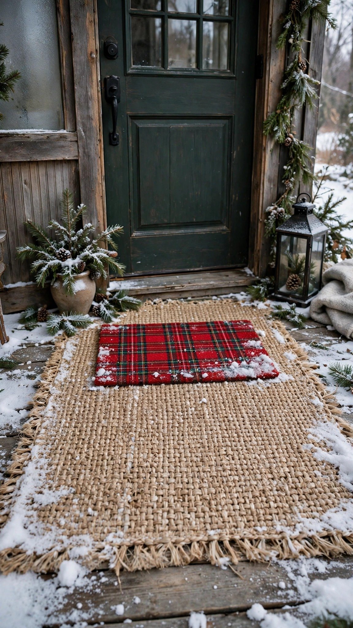 Layered plaid doormat over a large cozy rug on a winter porch