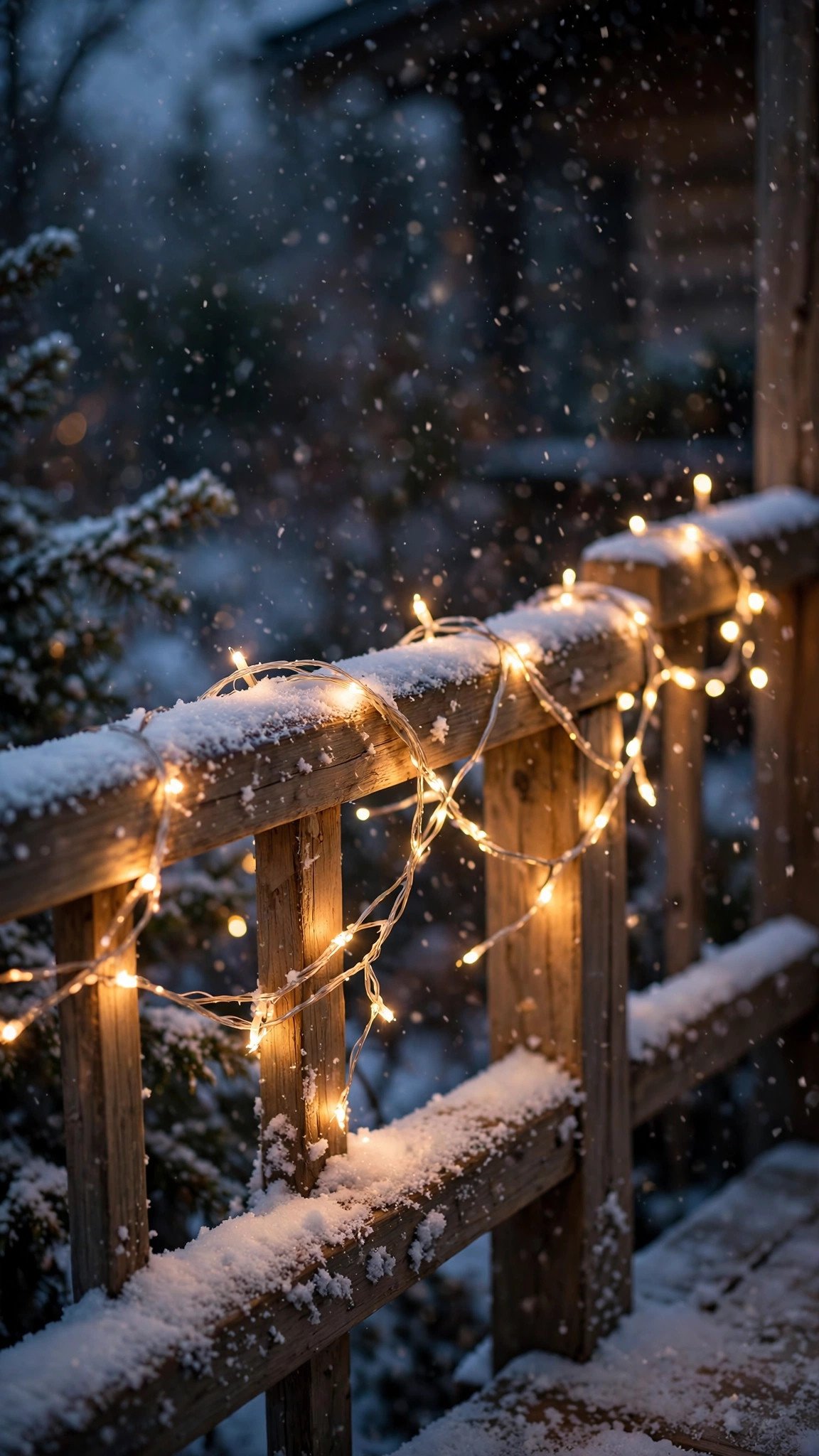 Warm twinkle lights wrapped along snowy porch railings at dusk