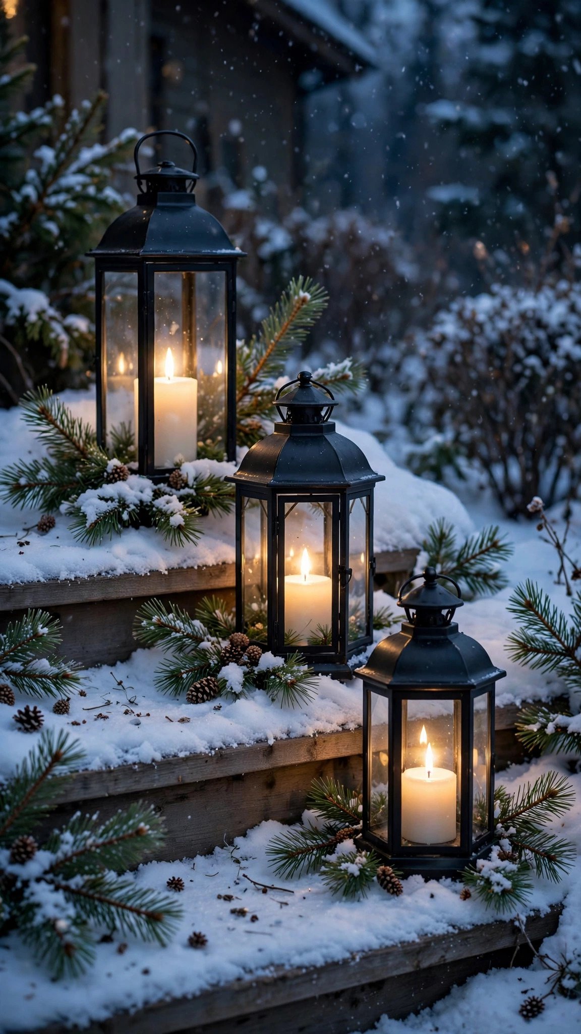 Three lanterns with candles arranged on snowy porch steps