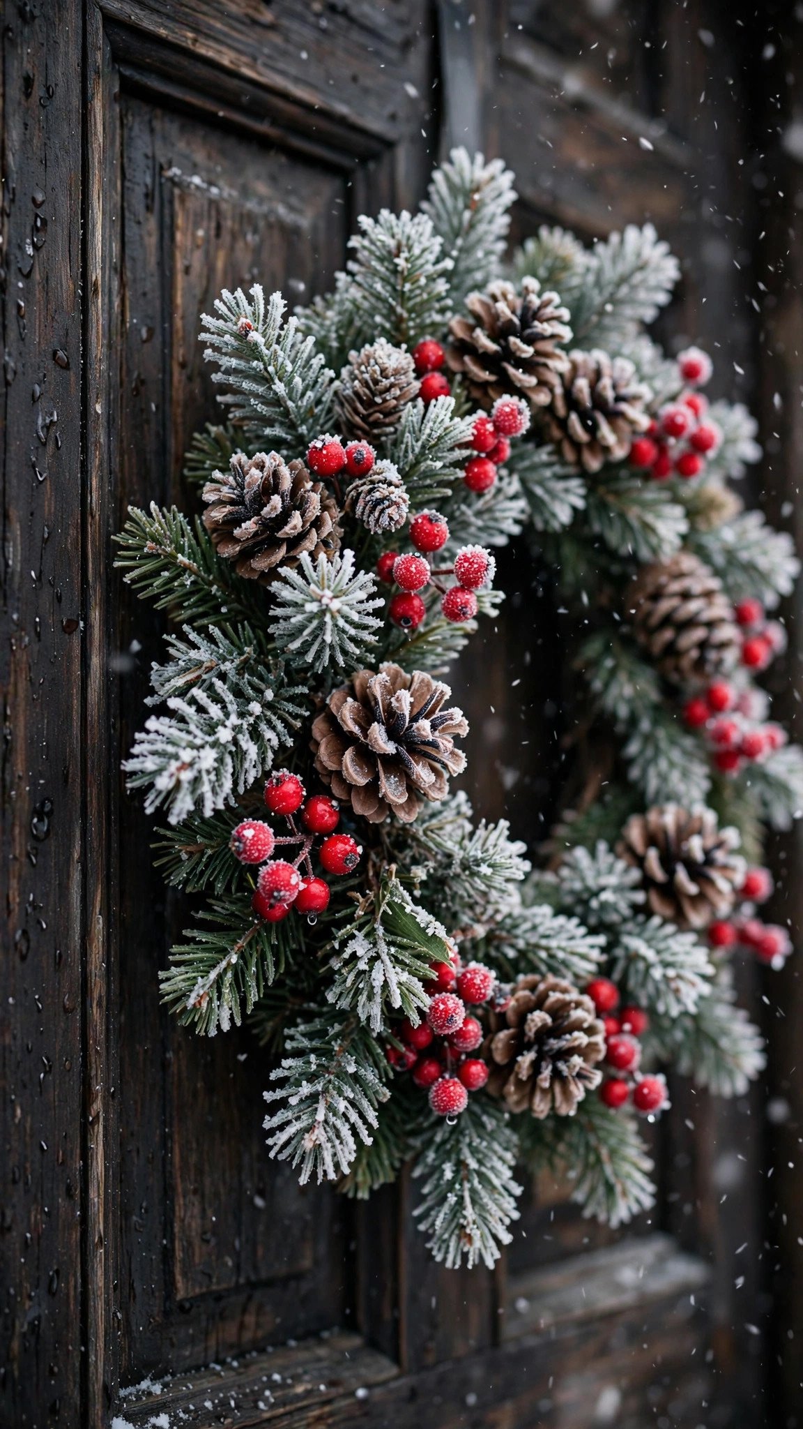 Frosty winter wreath with pinecones and berries on a front door