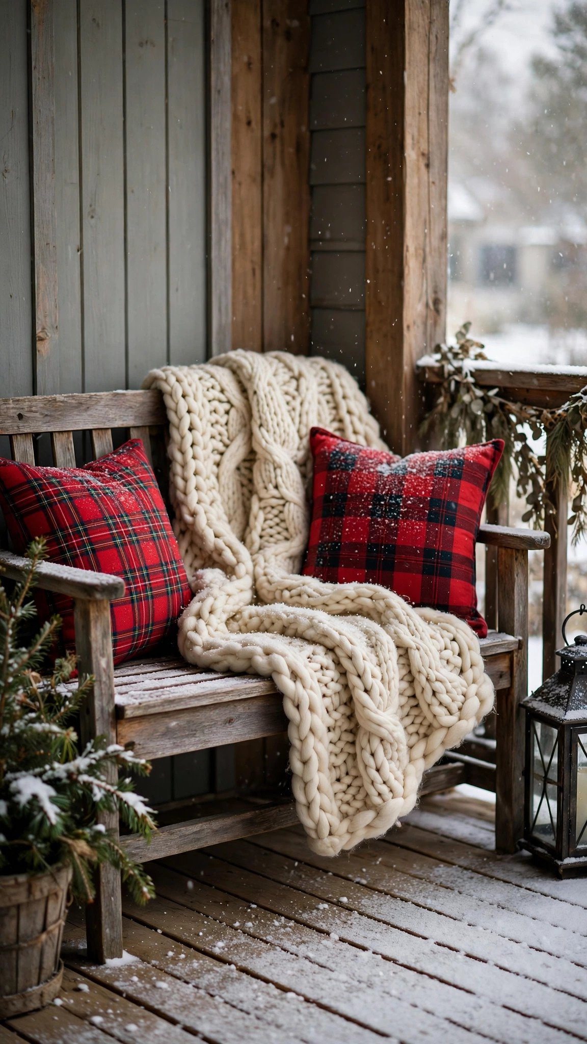 Porch bench dressed with a chunky wool throw and plaid pillows in winter